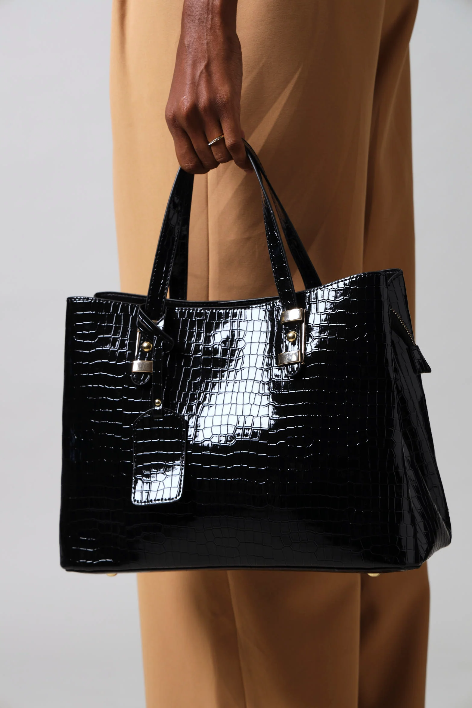 Pu Tab Detail Shopper Bag - Black