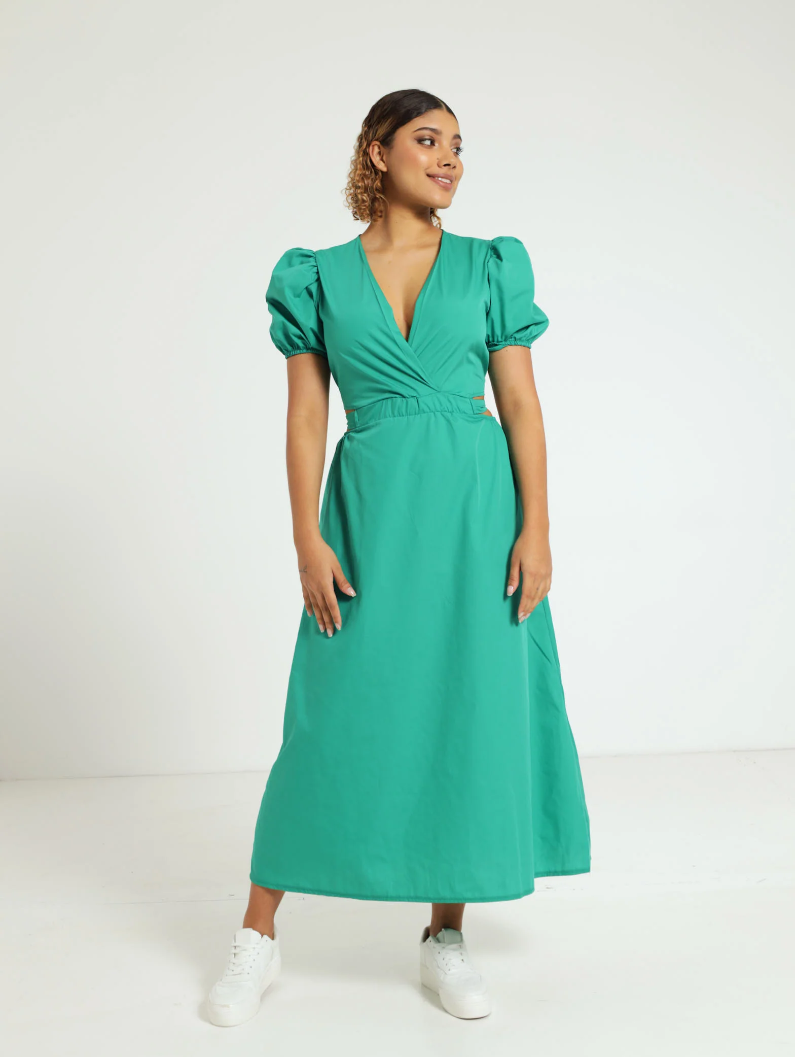Puff Sleeve Cutout Detail Midi Dress