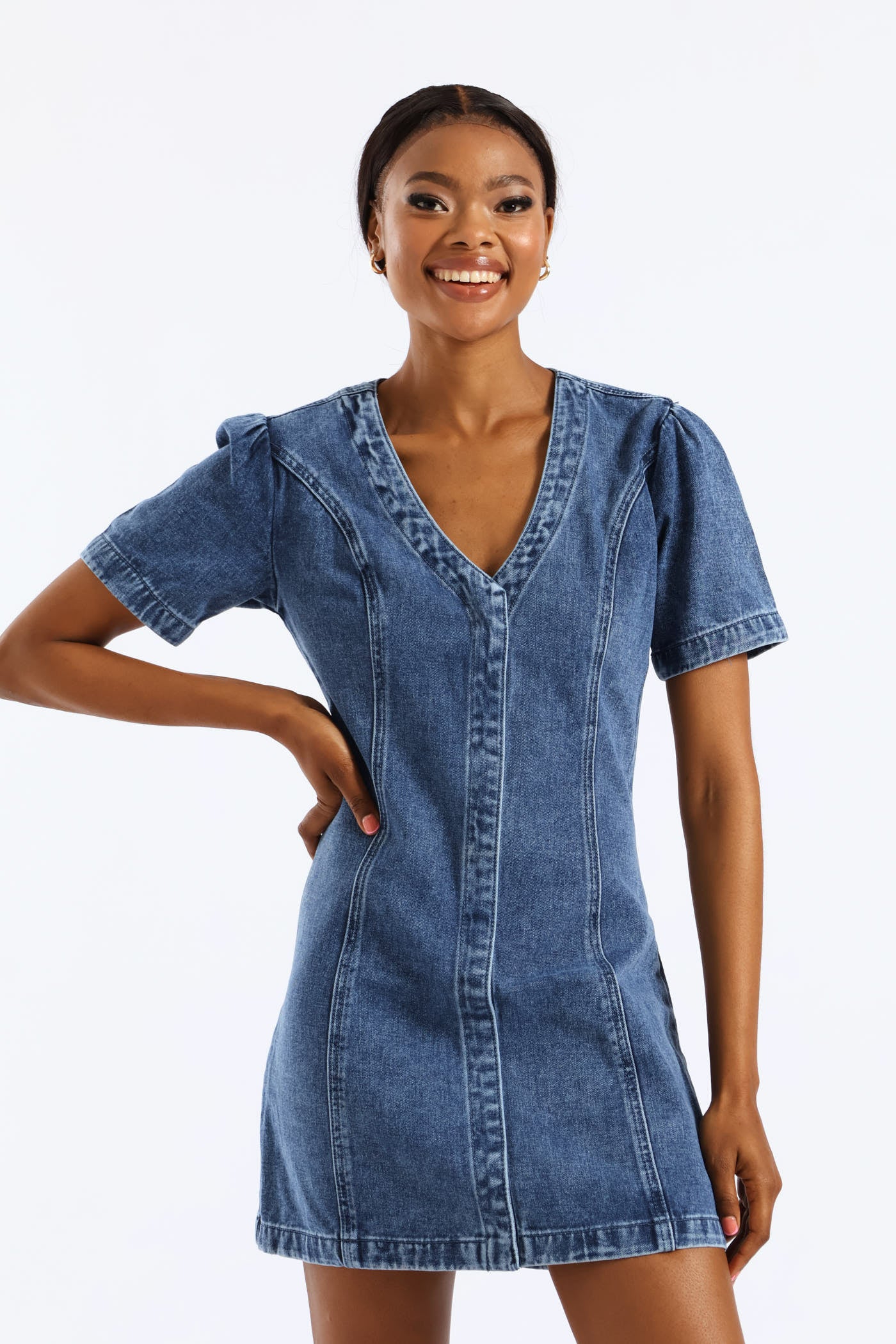 Puff Sleeve Denim Mini Dress - Medium Wash