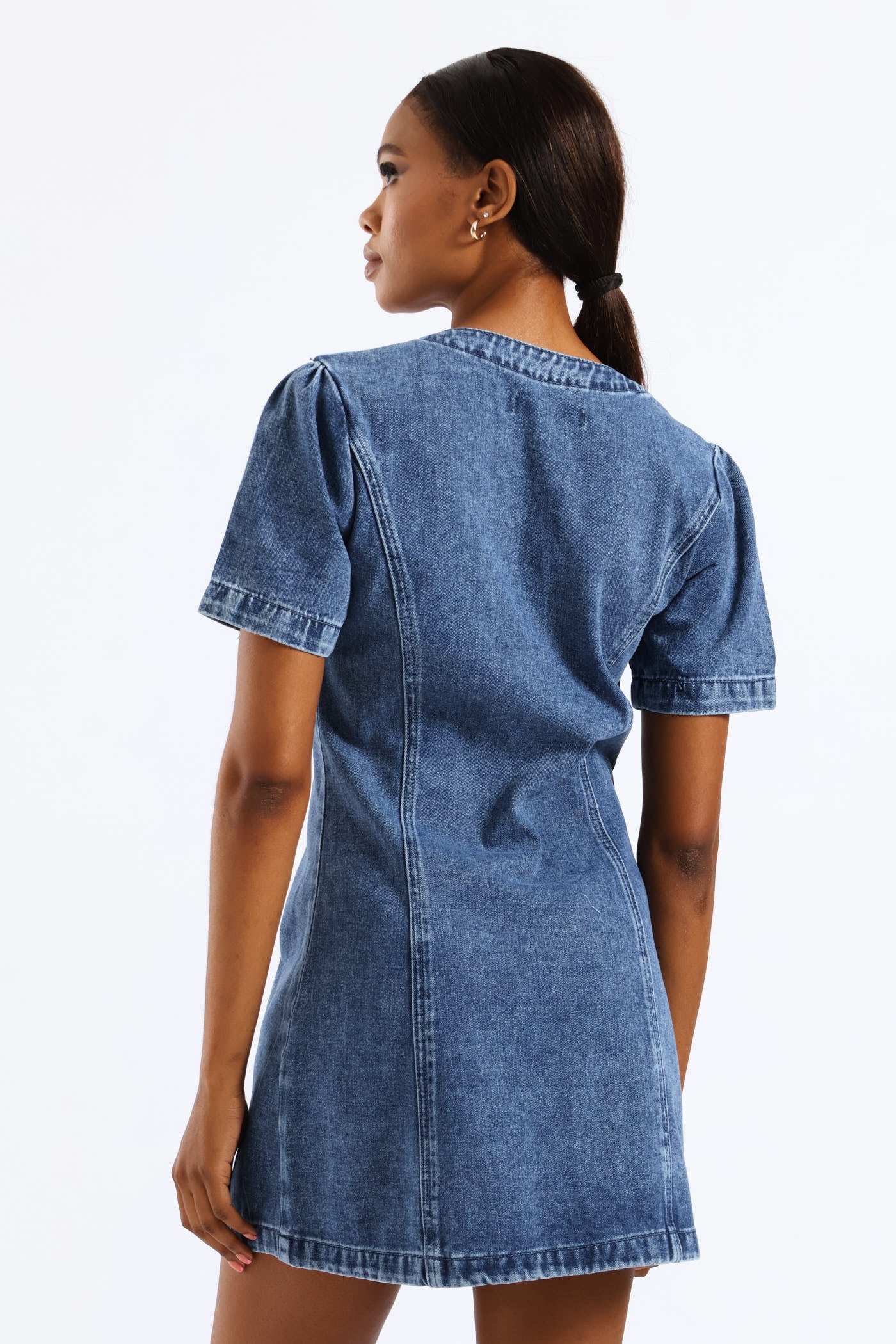 Puff Sleeve Denim Mini Dress - Medium Wash - Image 2
