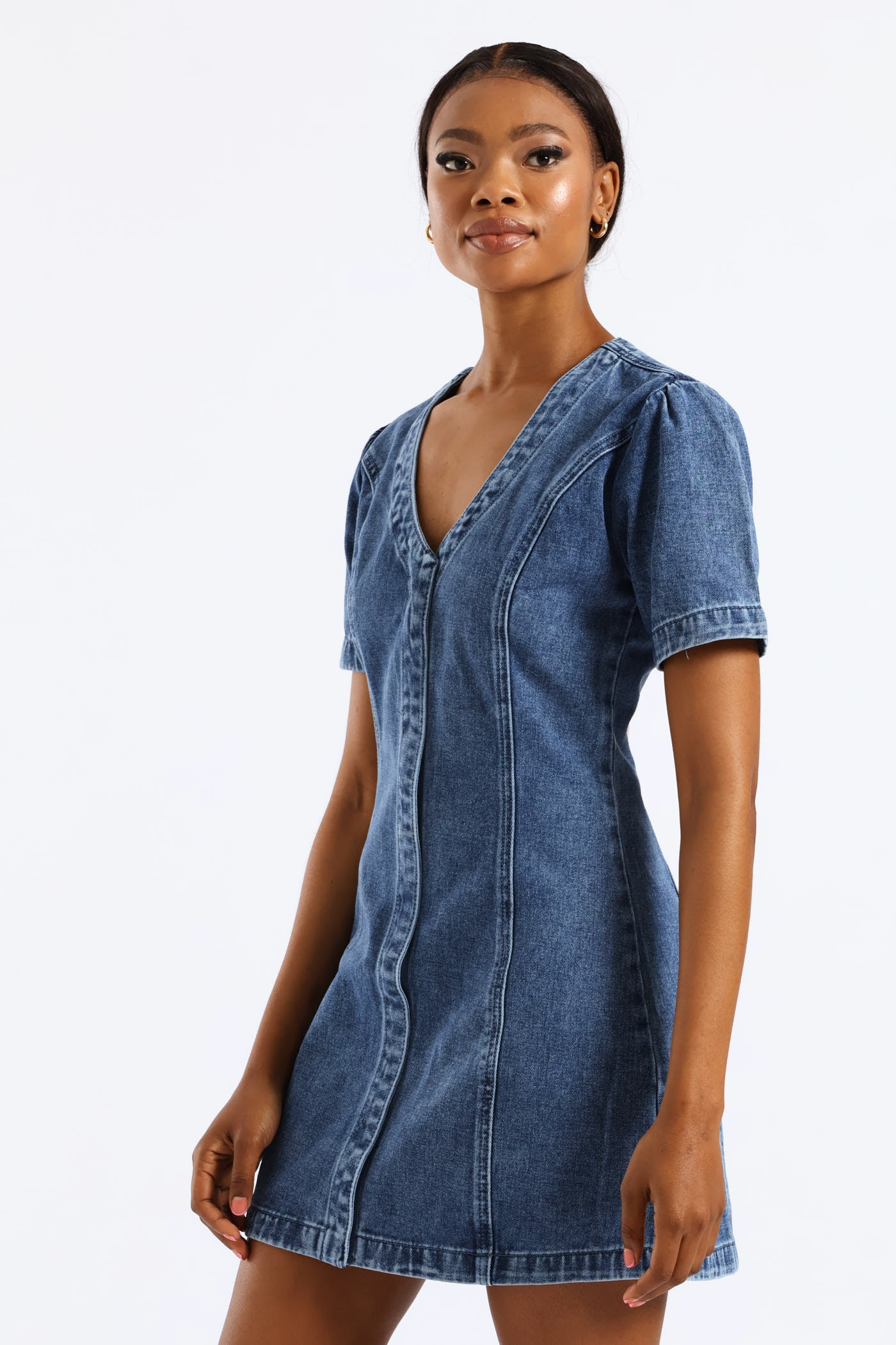 Puff Sleeve Denim Mini Dress - Medium Wash - Image 3