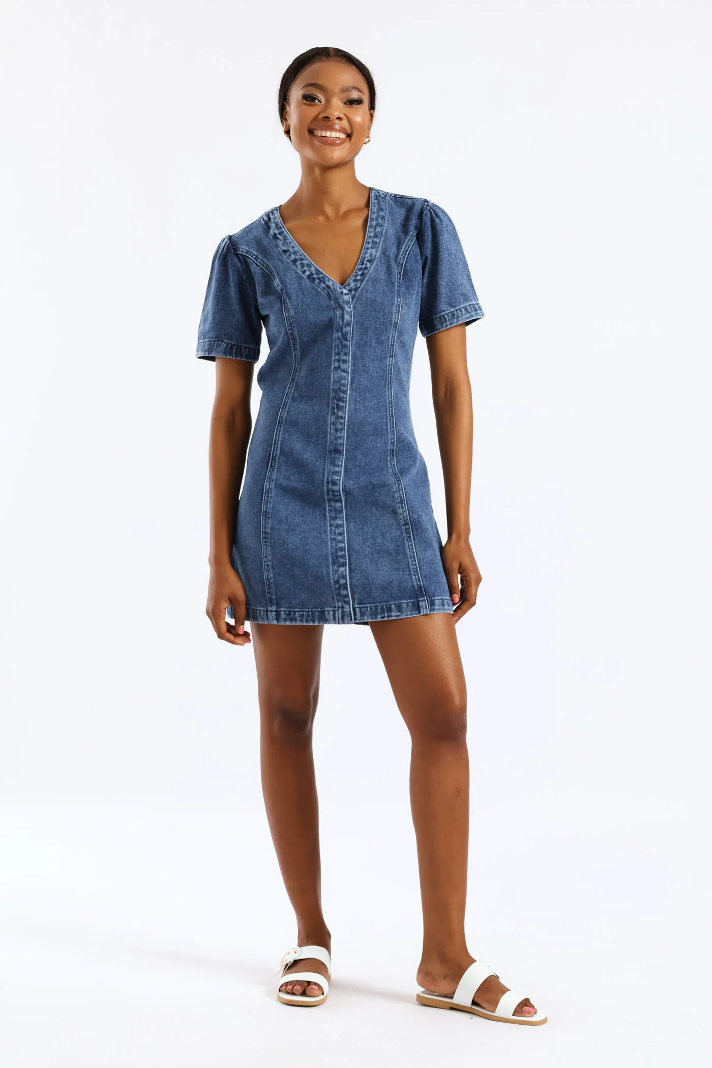 Puff Sleeve Denim Mini Dress - Medium Wash - Image 5