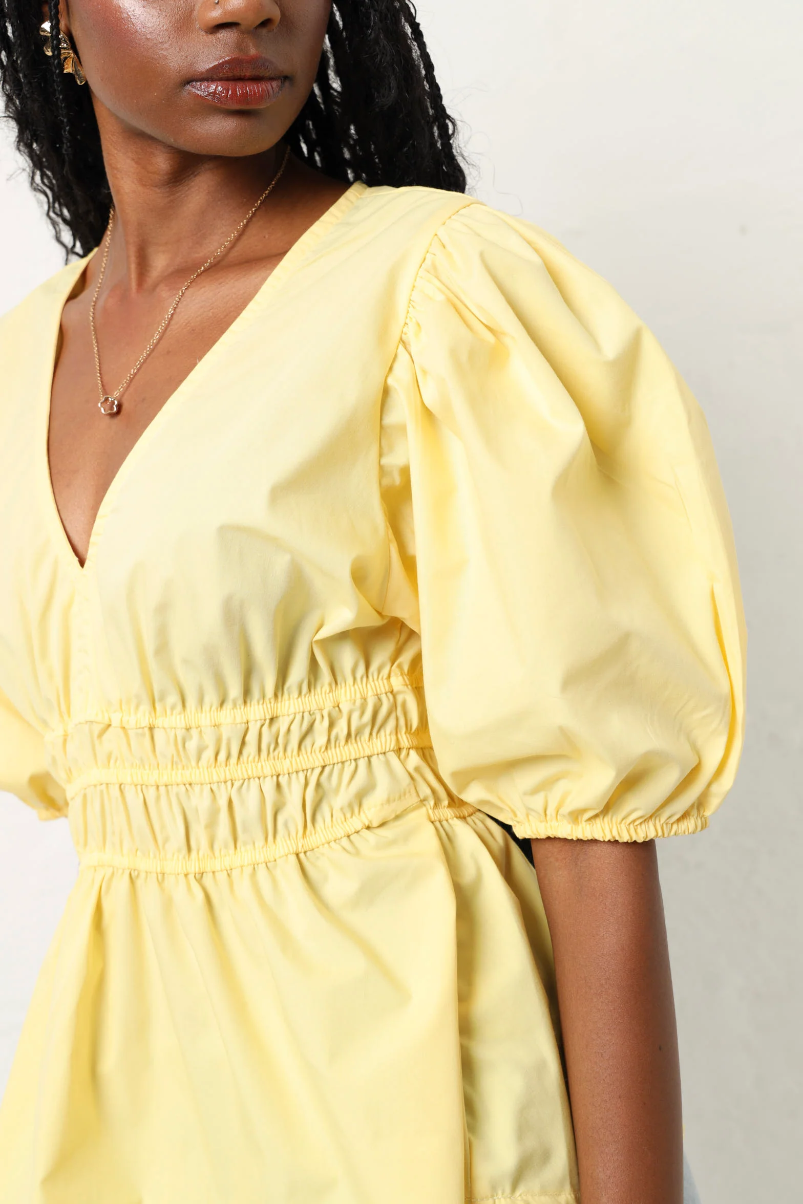 Puff Sleeve Elastic Waist Poplin Blouse - Yellow - Image 4