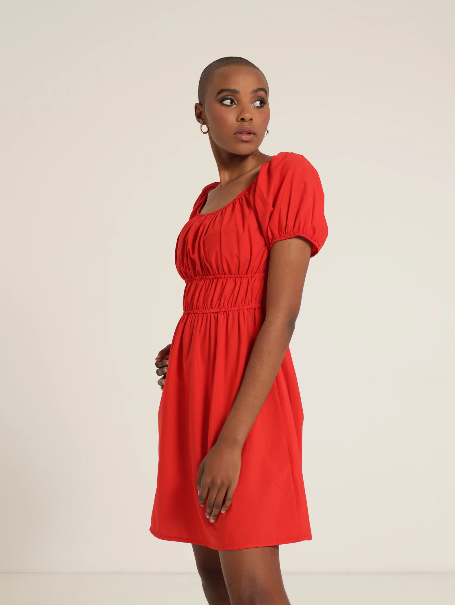 Puff Sleeve Elastic Waist Poplin Mini Dress - Image 2