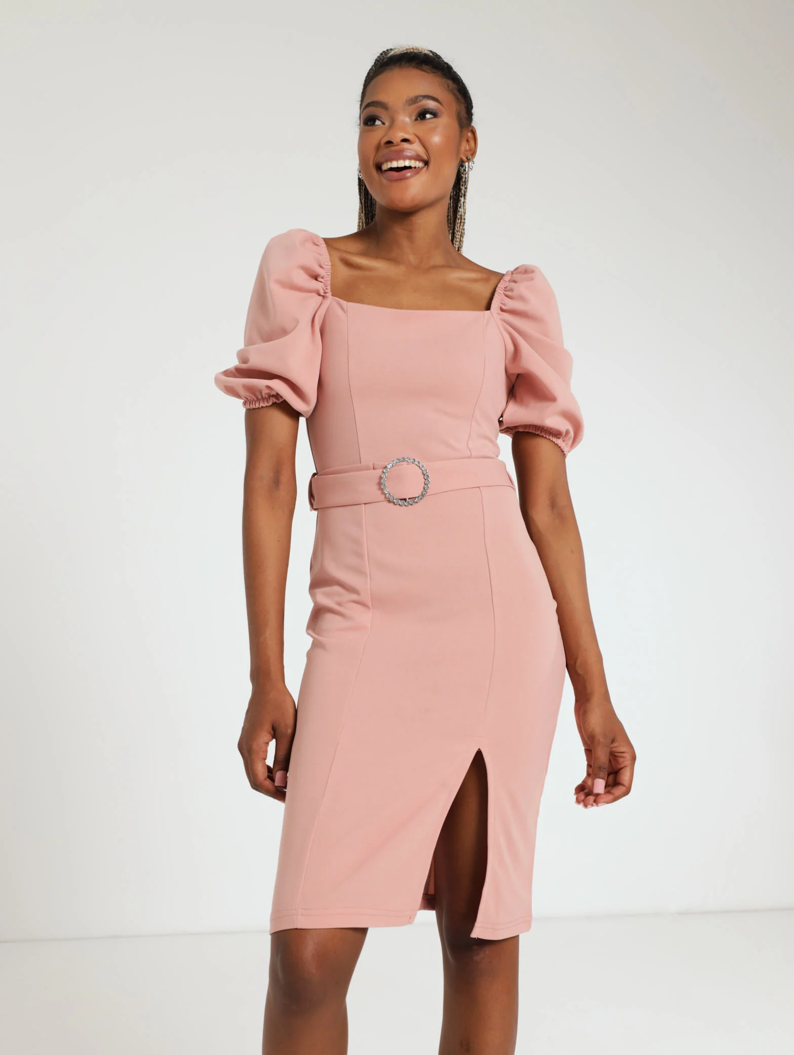 Puff Sleeve Fancy Belt Bodycon Dress