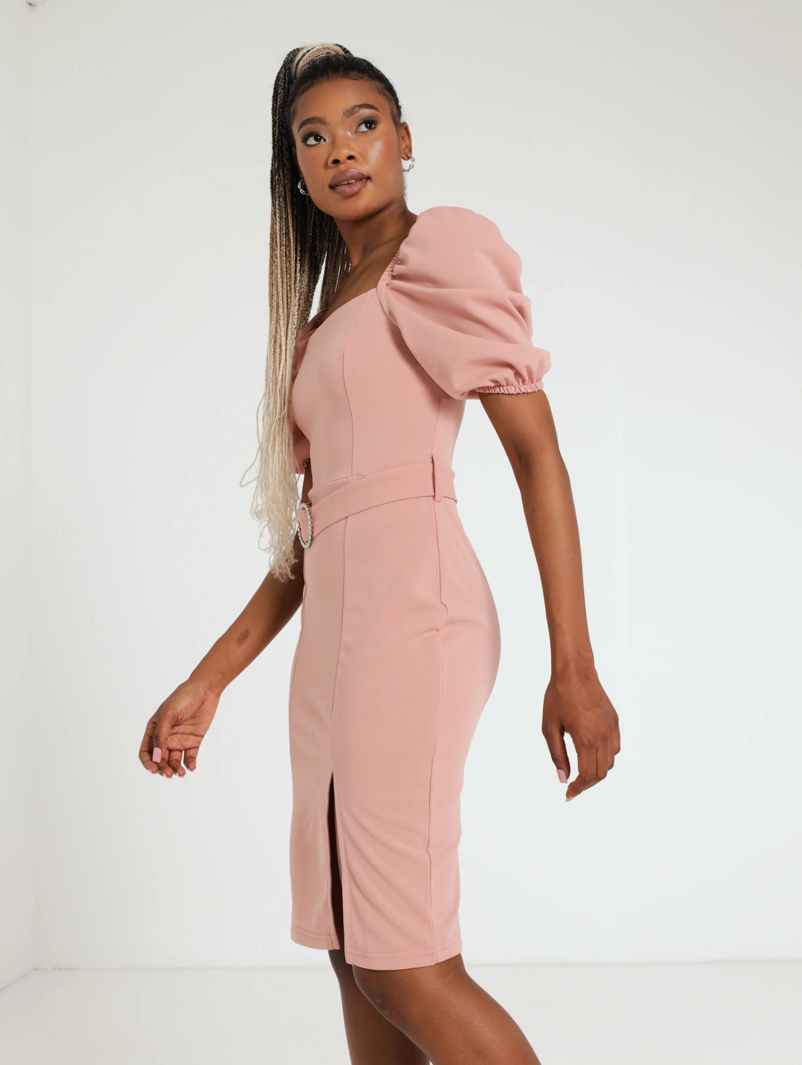 Puff Sleeve Fancy Belt Bodycon Dress - Image 2