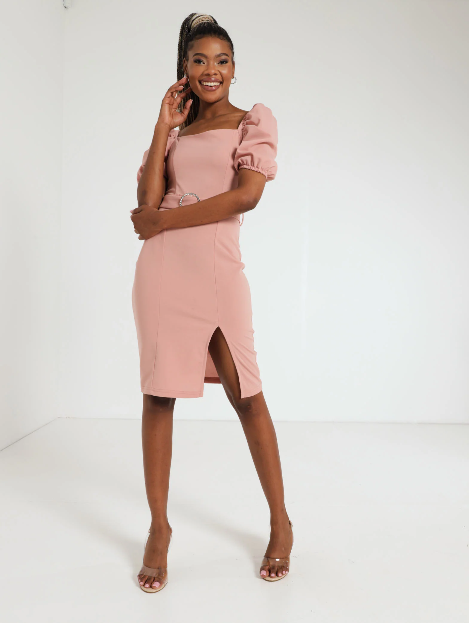 Puff Sleeve Fancy Belt Bodycon Dress - Image 4