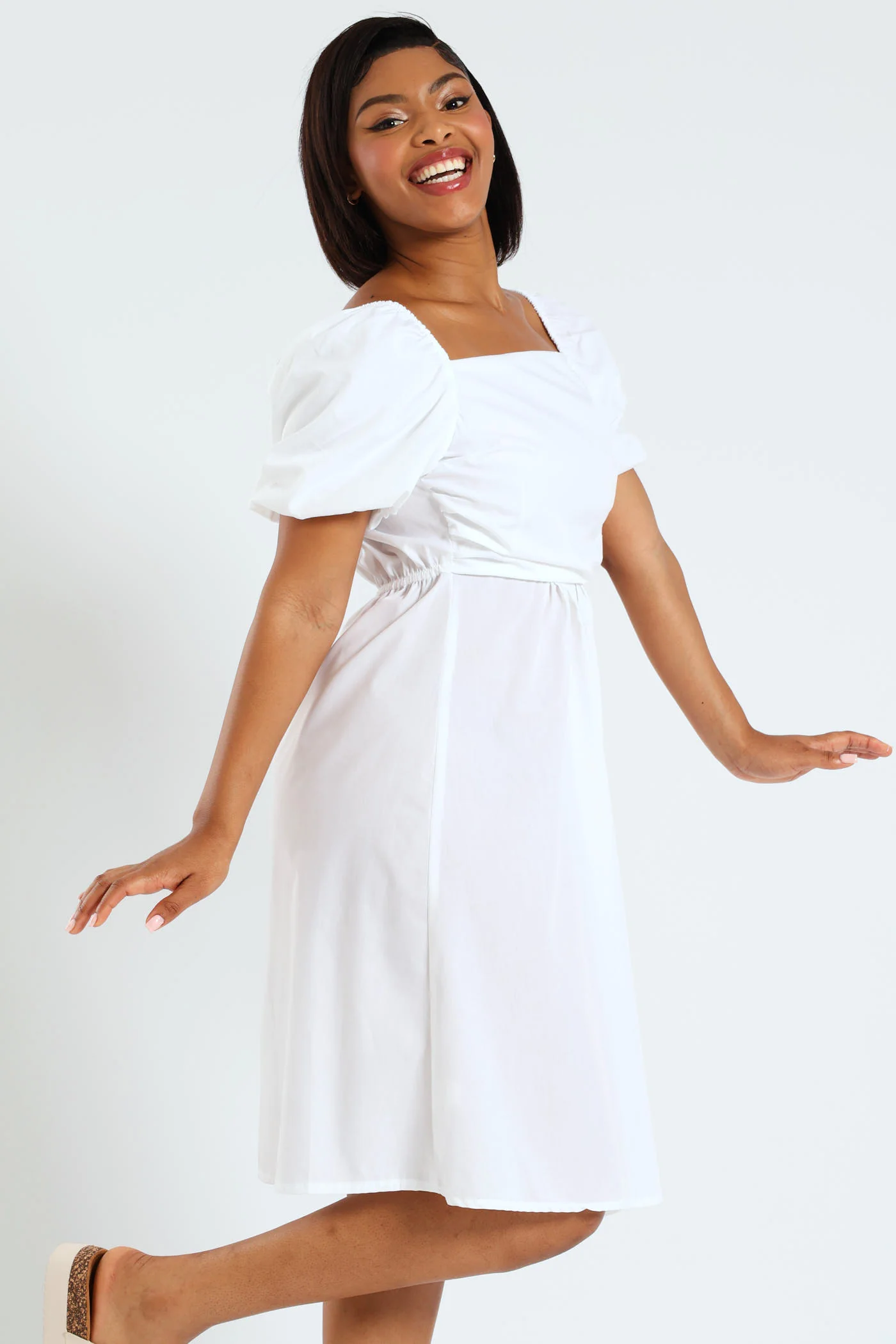 Puff Sleeve Plain Poplin Mini Dress - White - Image 2