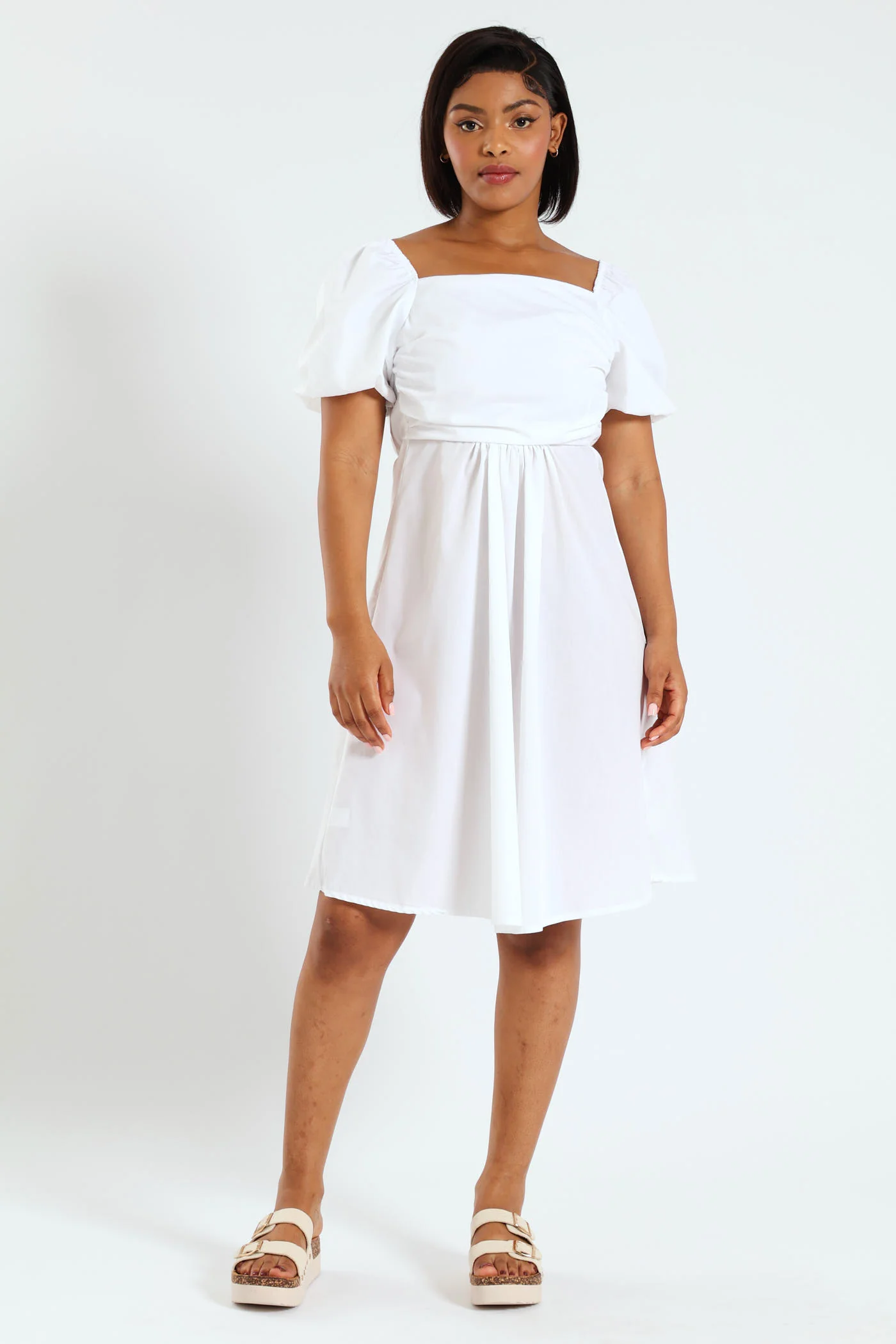 Puff Sleeve Plain Poplin Mini Dress - White - Image 3