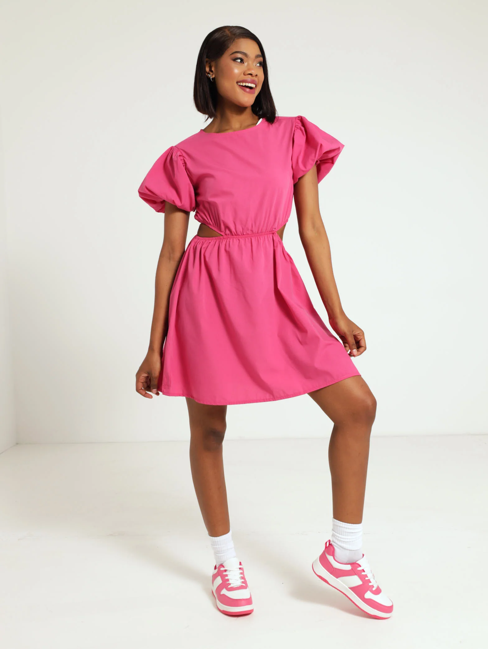 Puff Sleeve Poplin Cutout Mini Dress