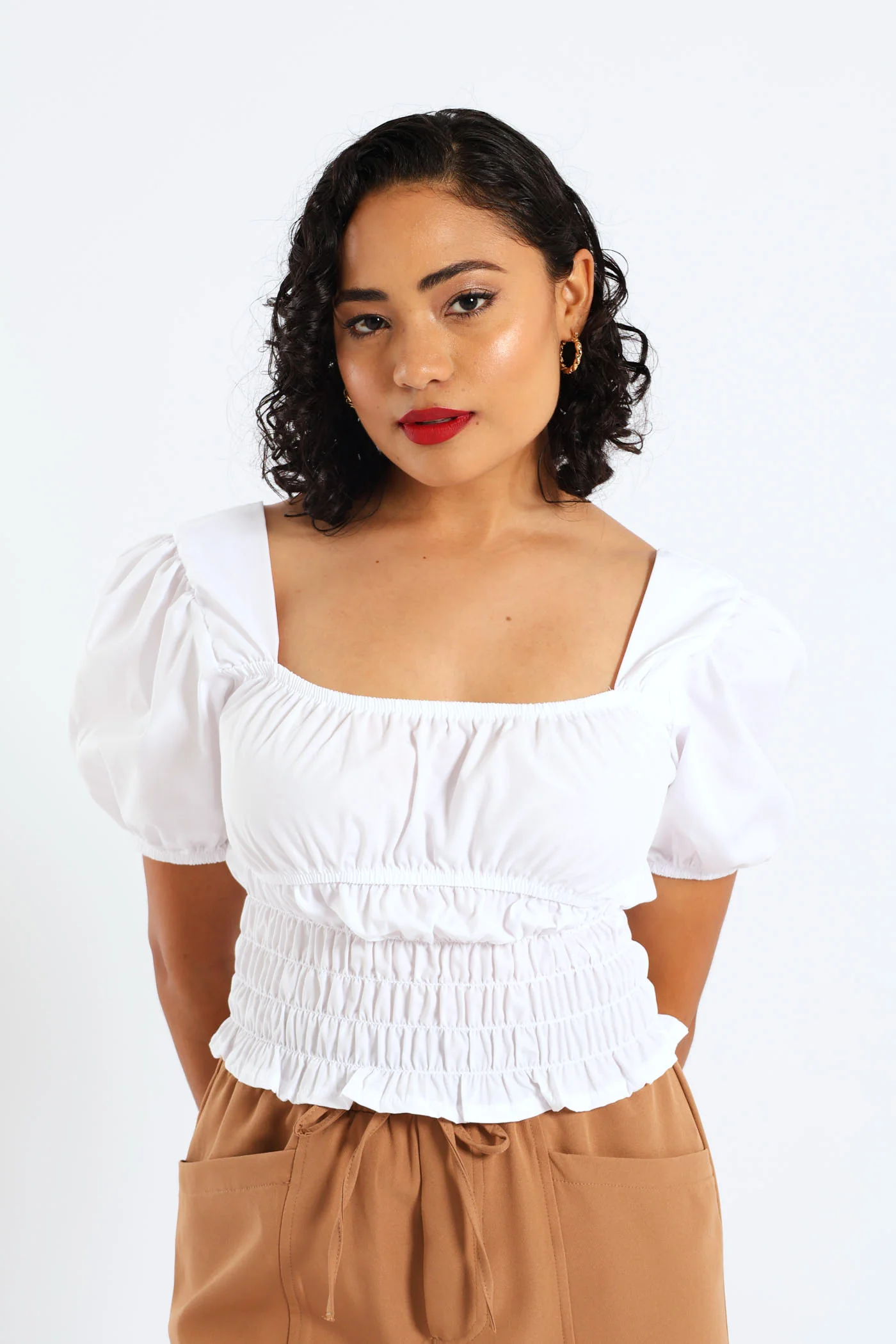 Puff Sleeve Poplin Elasticated Waist Detail Top - White