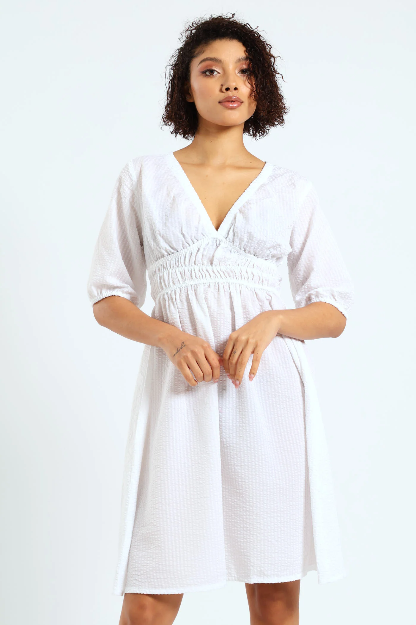 Puff Sleeve Stripe Mini Dress - White