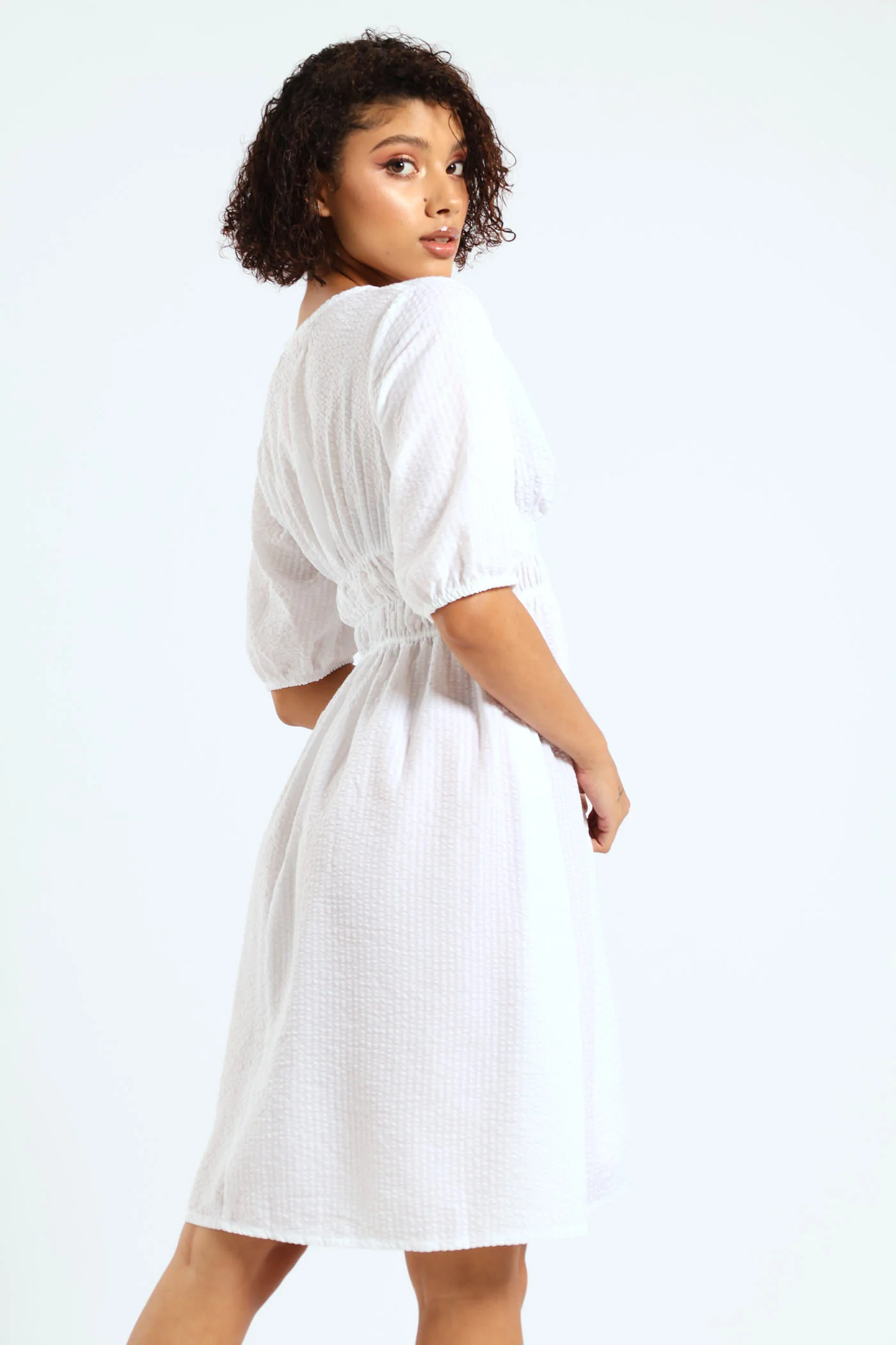 Puff Sleeve Stripe Mini Dress - White - Image 2
