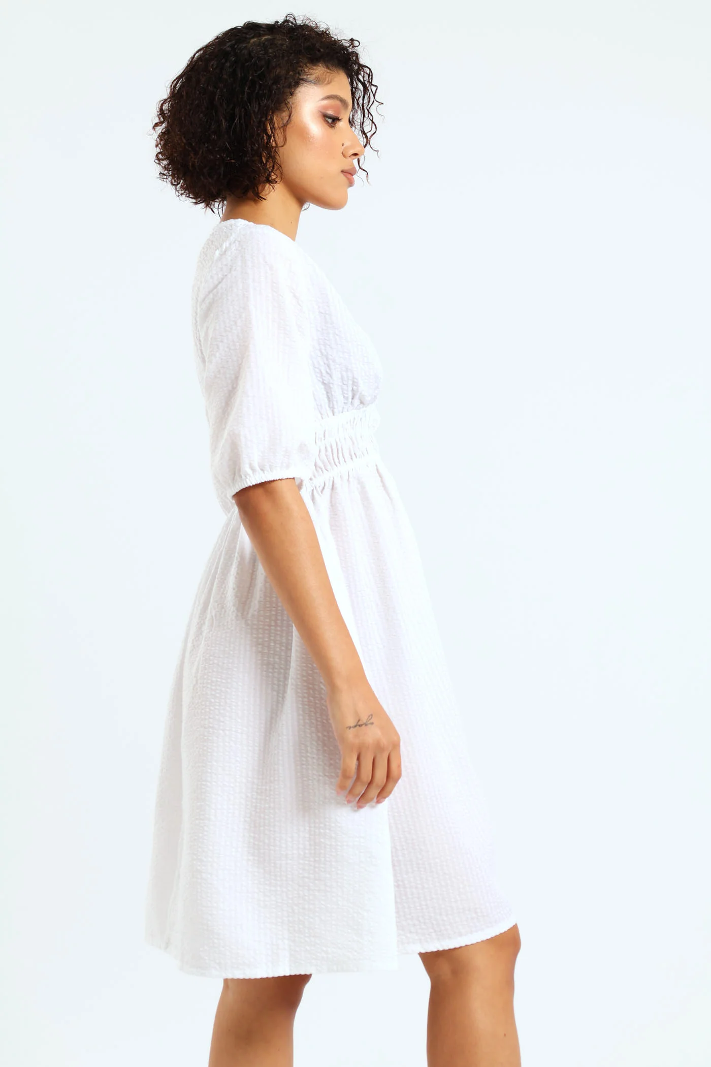 Puff Sleeve Stripe Mini Dress - White - Image 4