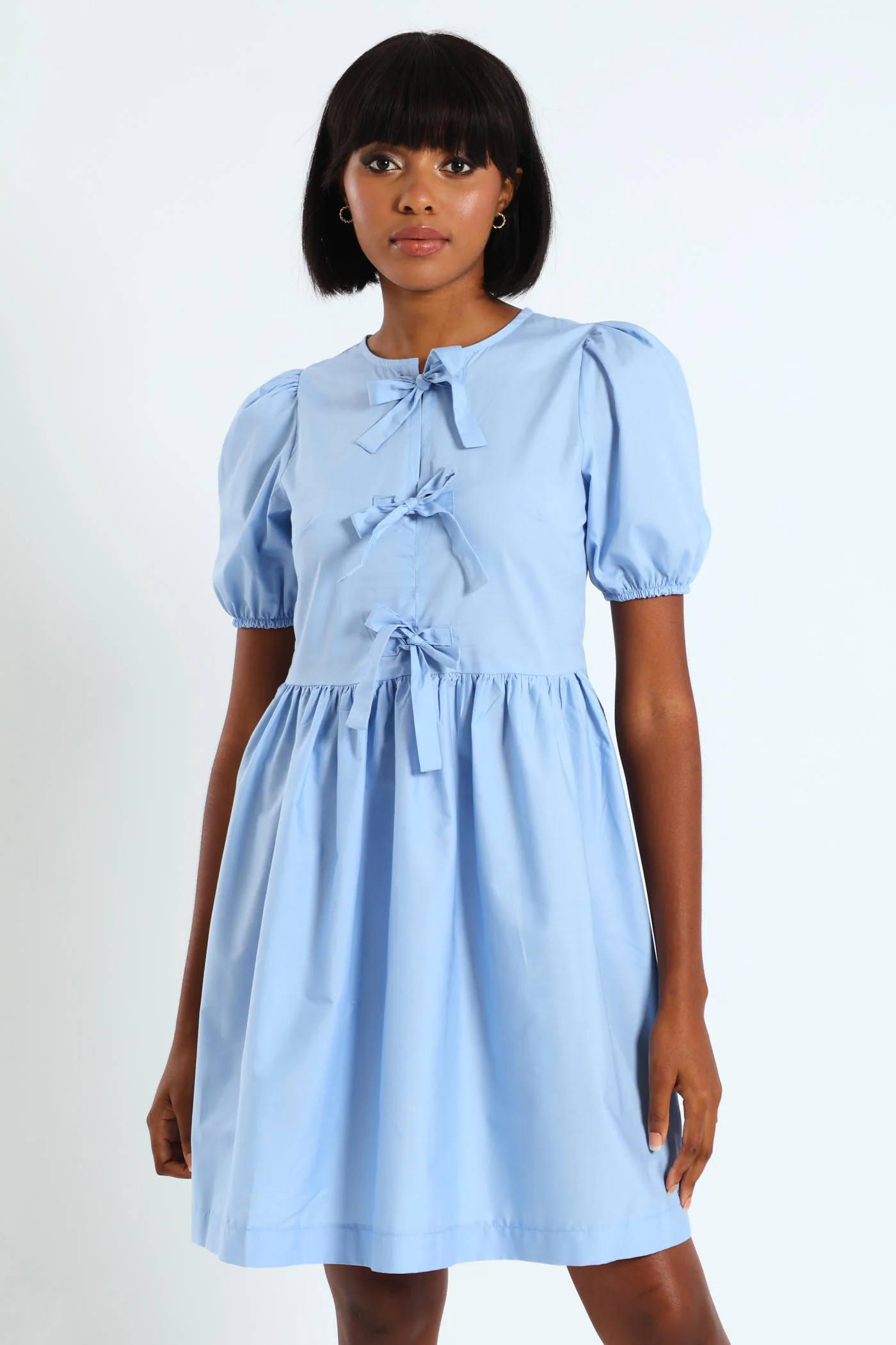 Puff Sleeve Tie Bodice Poplin Mini Dress - Blue