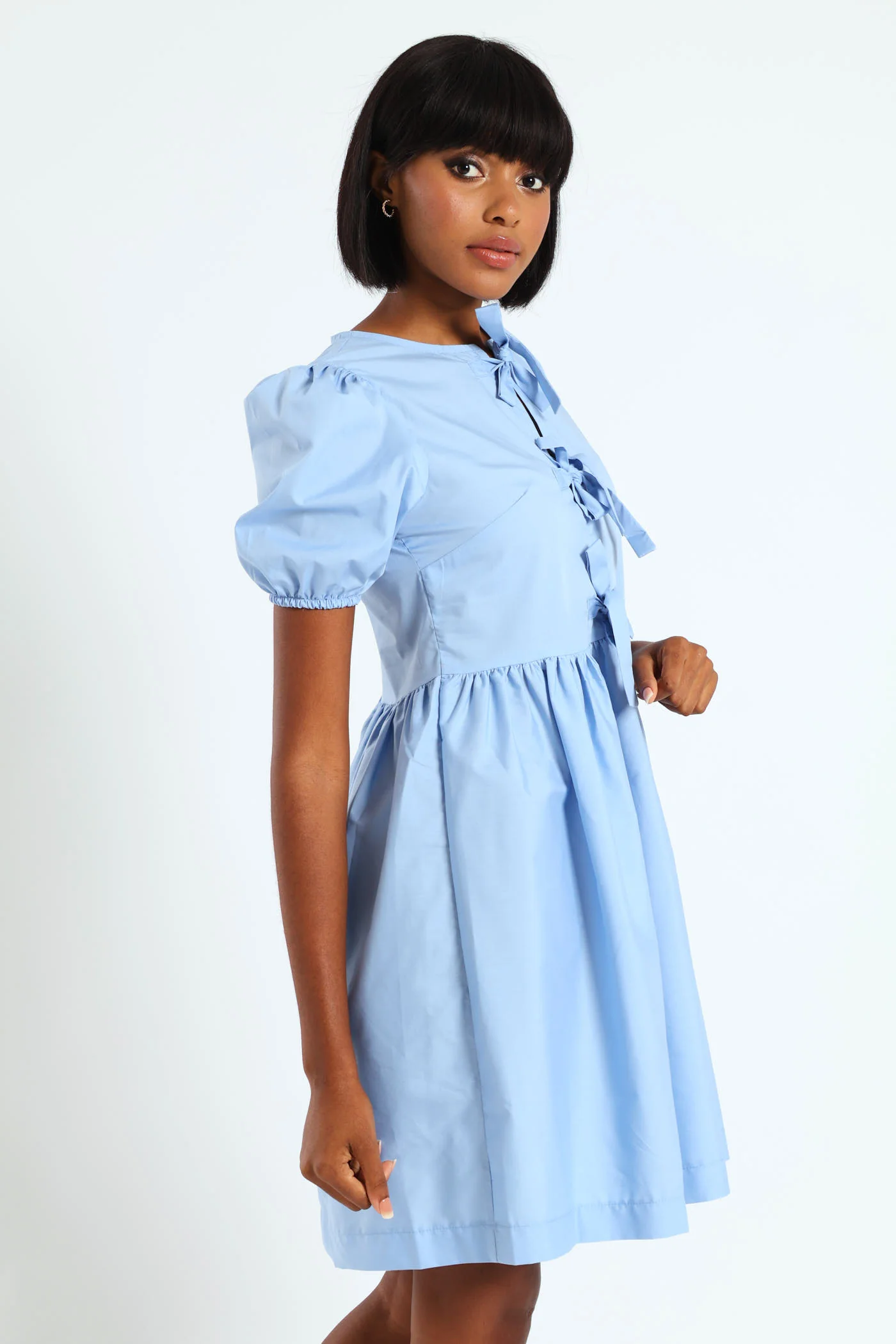 Puff Sleeve Tie Bodice Poplin Mini Dress - Blue - Image 2