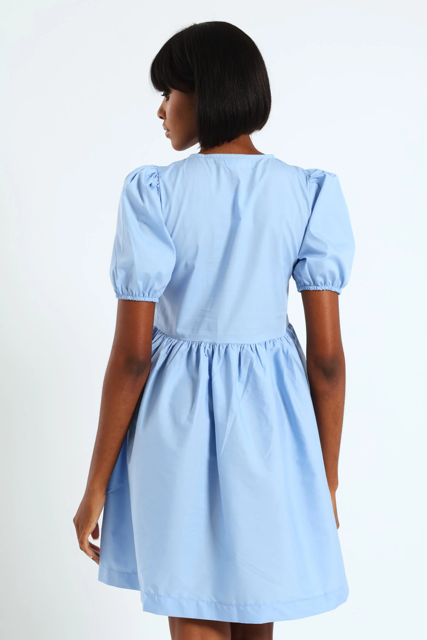 Puff Sleeve Tie Bodice Poplin Mini Dress - Blue - Image 3