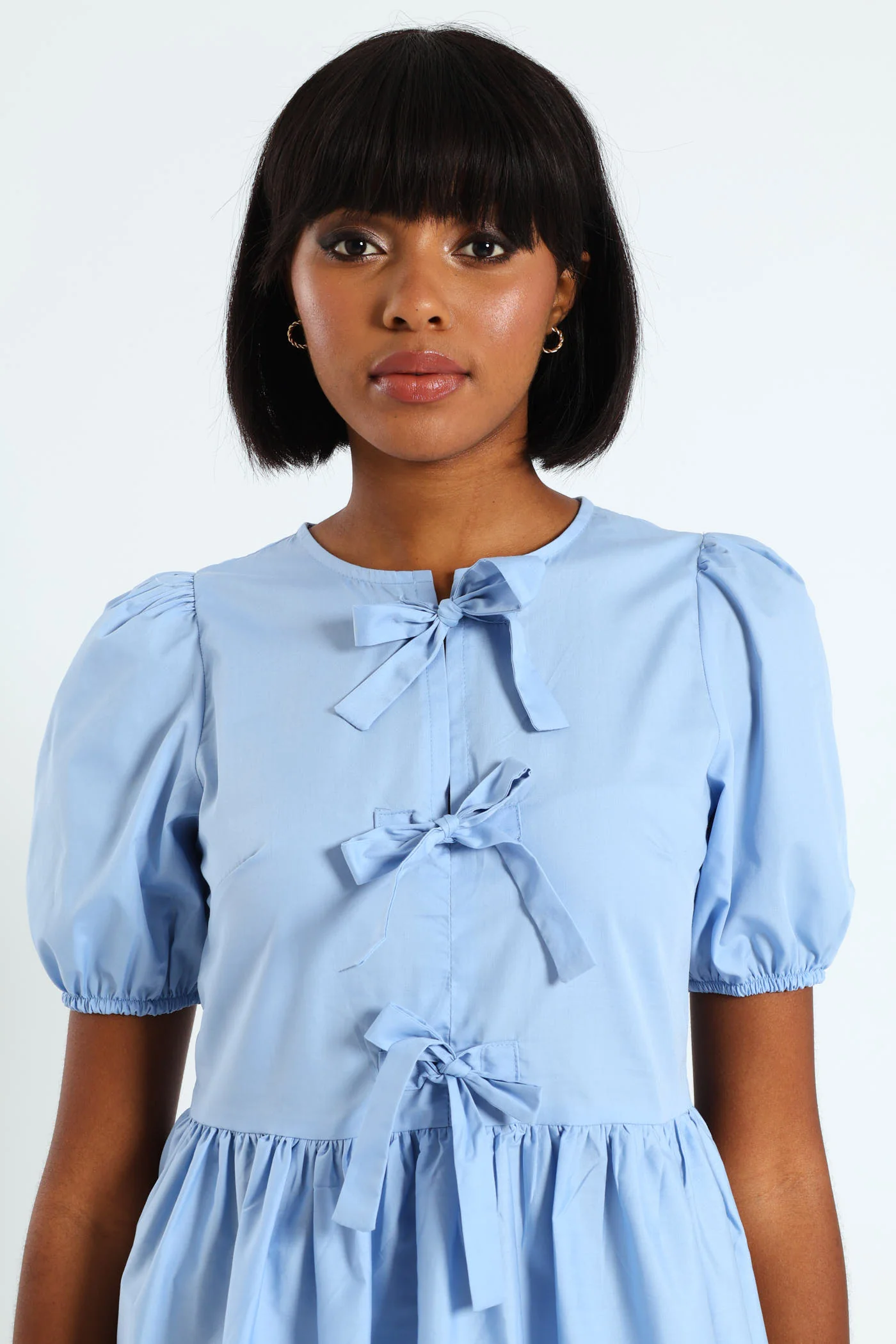 Puff Sleeve Tie Bodice Poplin Mini Dress - Blue - Image 4
