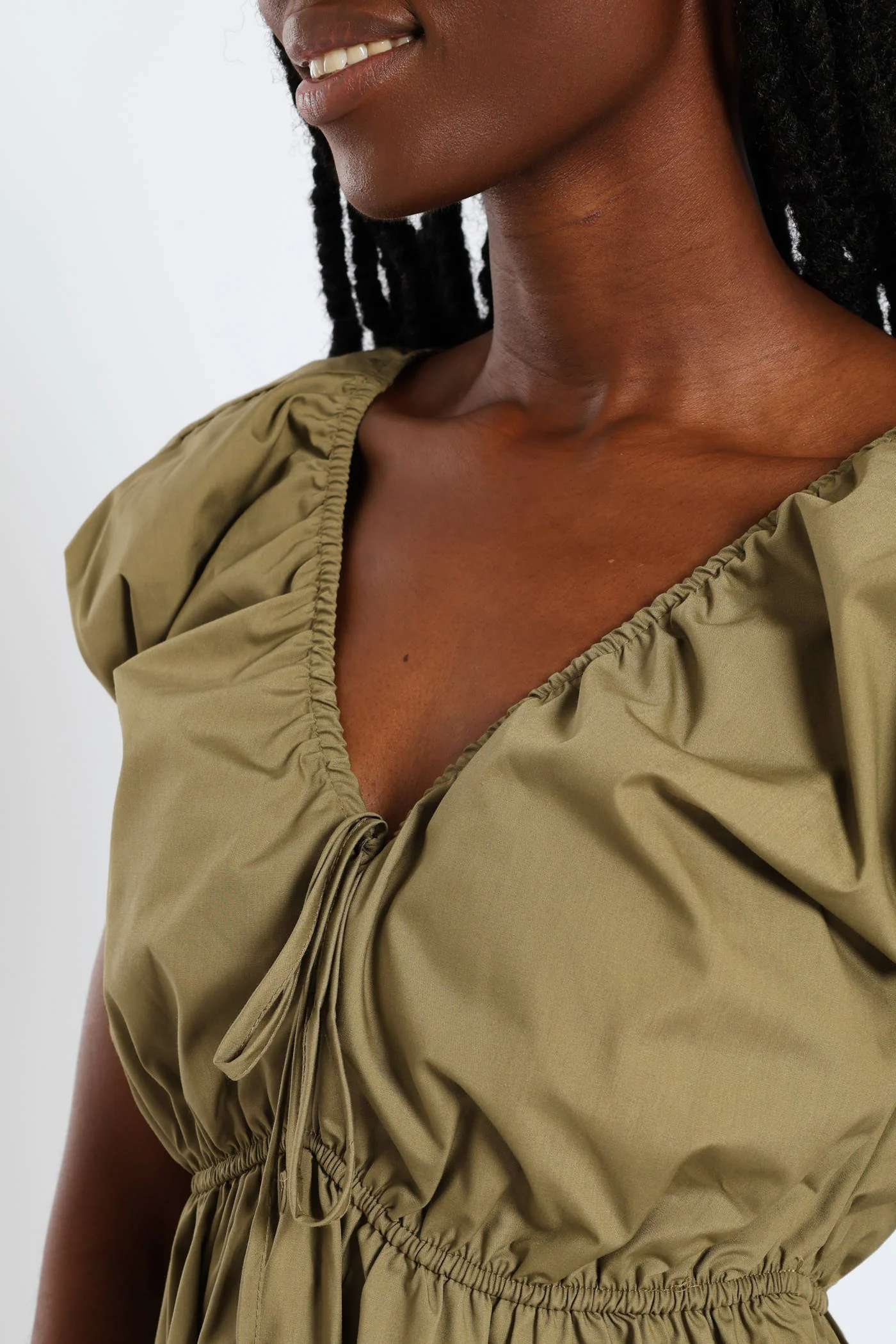 Puff Sleeve Tie Front Mini Dress - Olive - Image 3