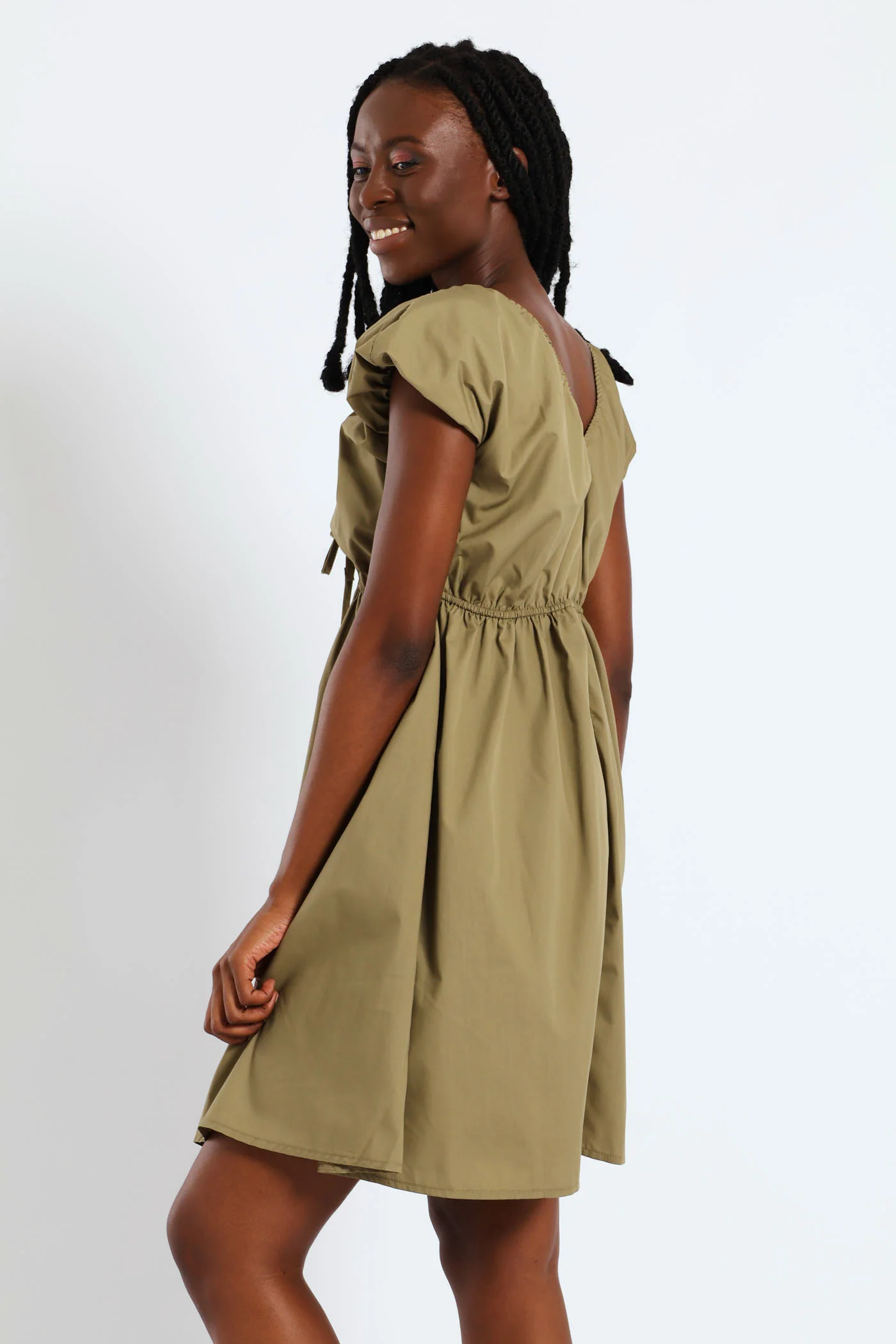 Puff Sleeve Tie Front Mini Dress - Olive - Image 4