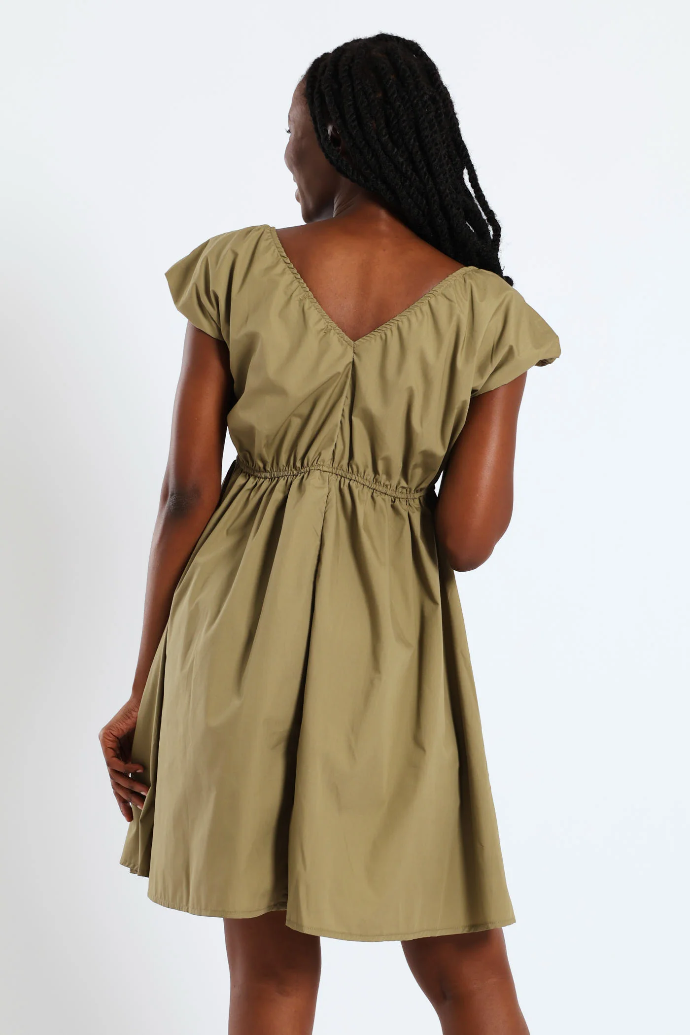 Puff Sleeve Tie Front Mini Dress - Olive - Image 5