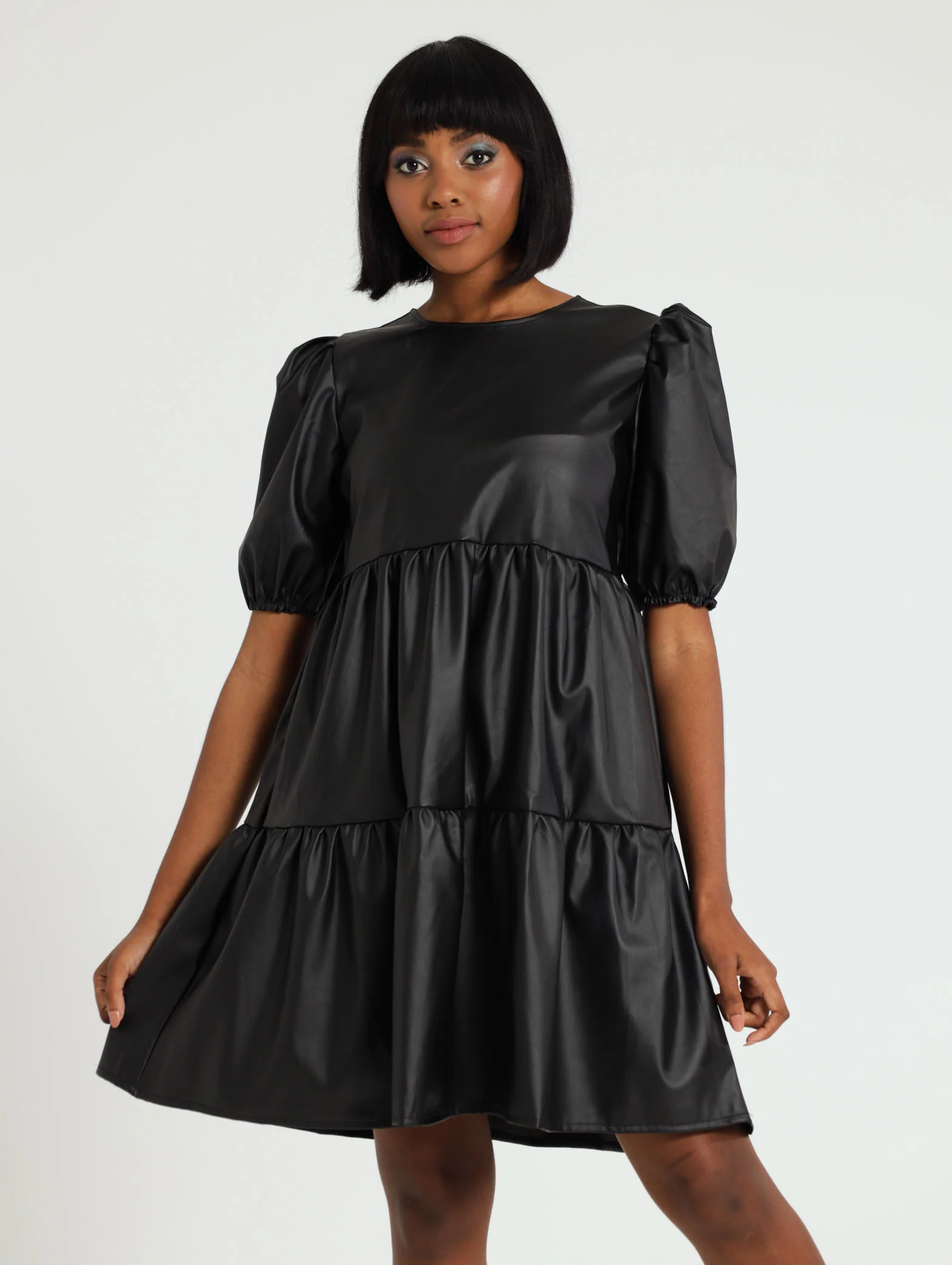 Puff Sleeve Pu Tiered Mini Dress