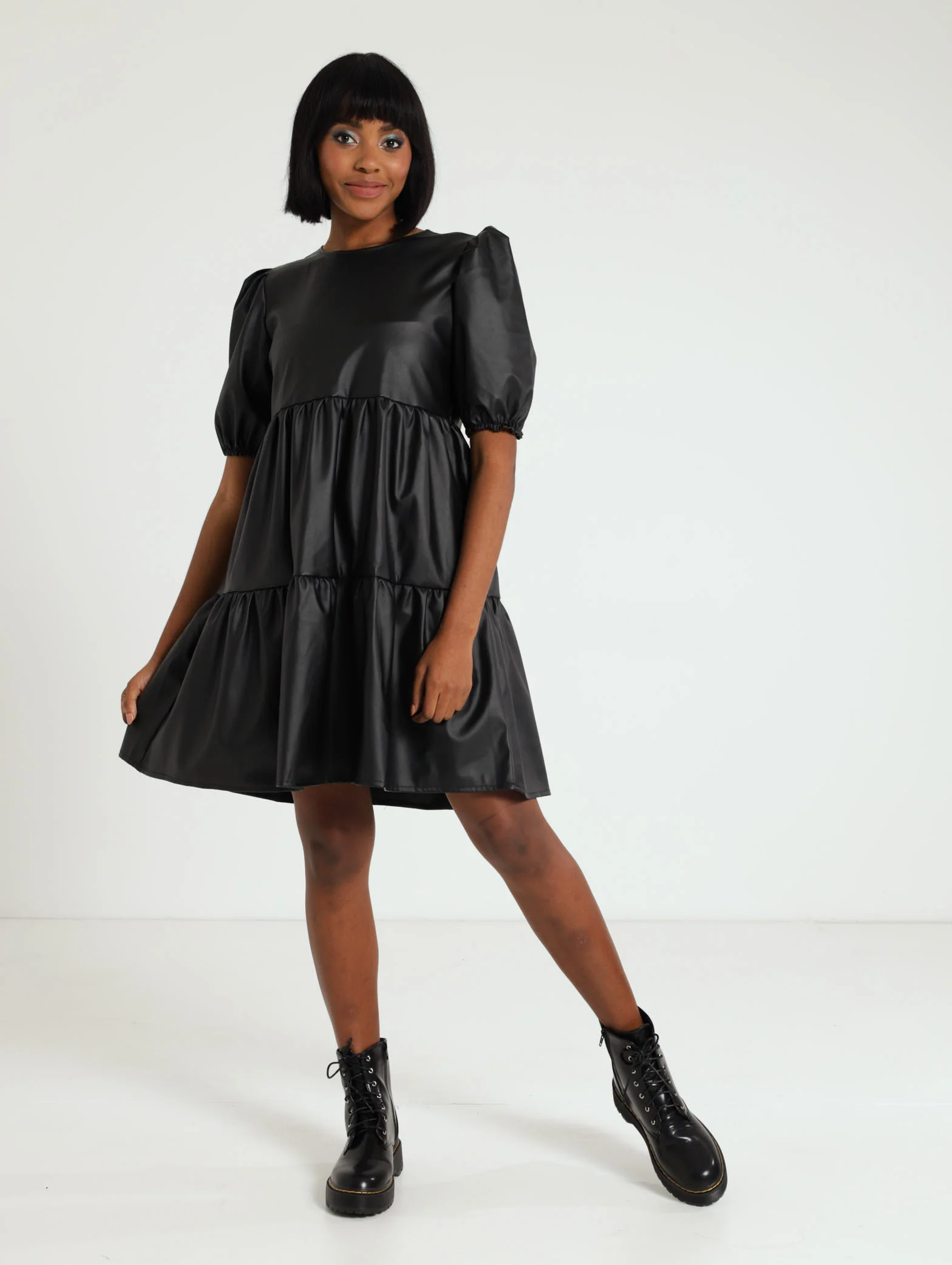 Puff Sleeve Pu Tiered Mini Dress - Image 2