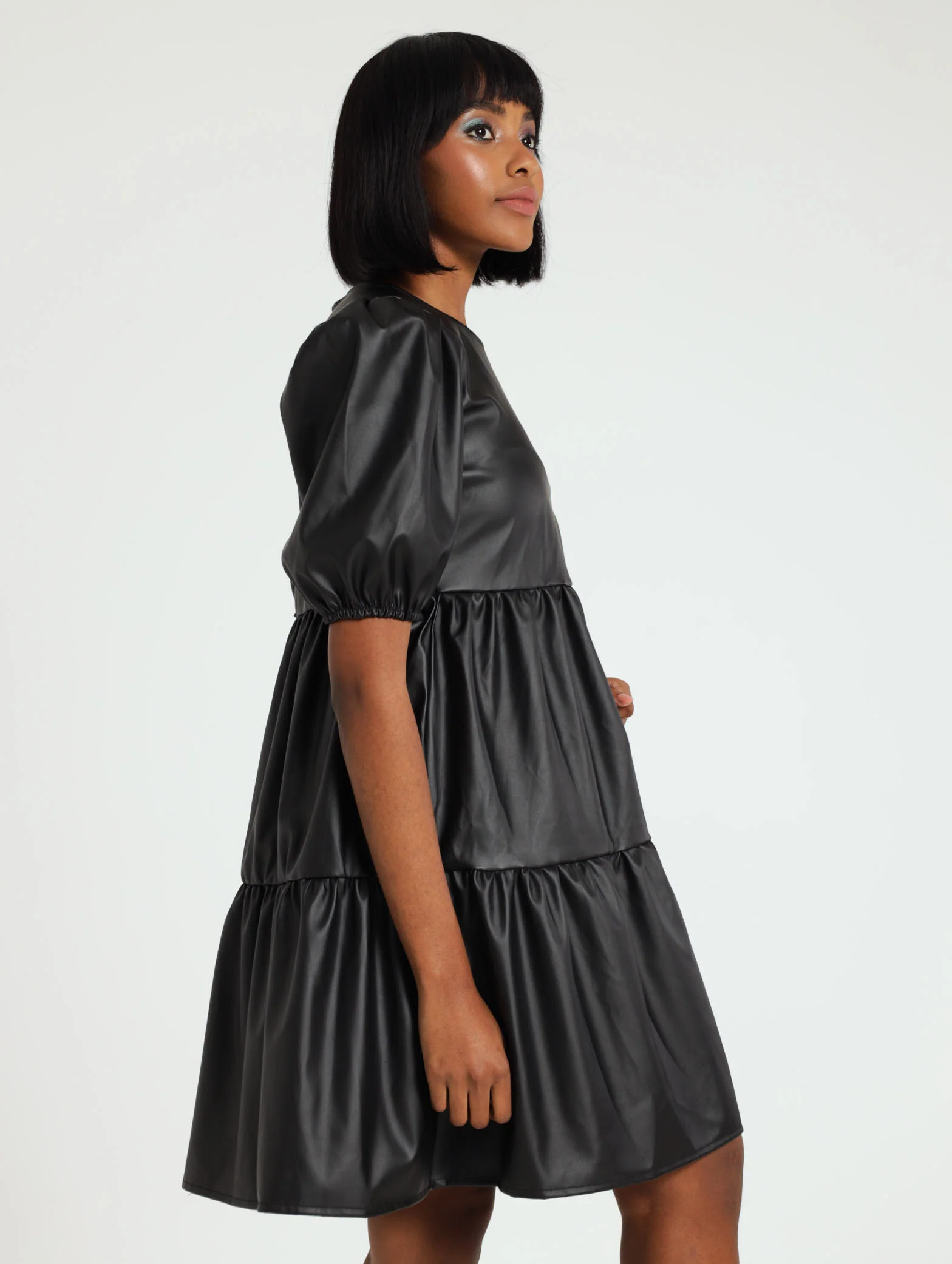 Puff Sleeve Pu Tiered Mini Dress - Image 3