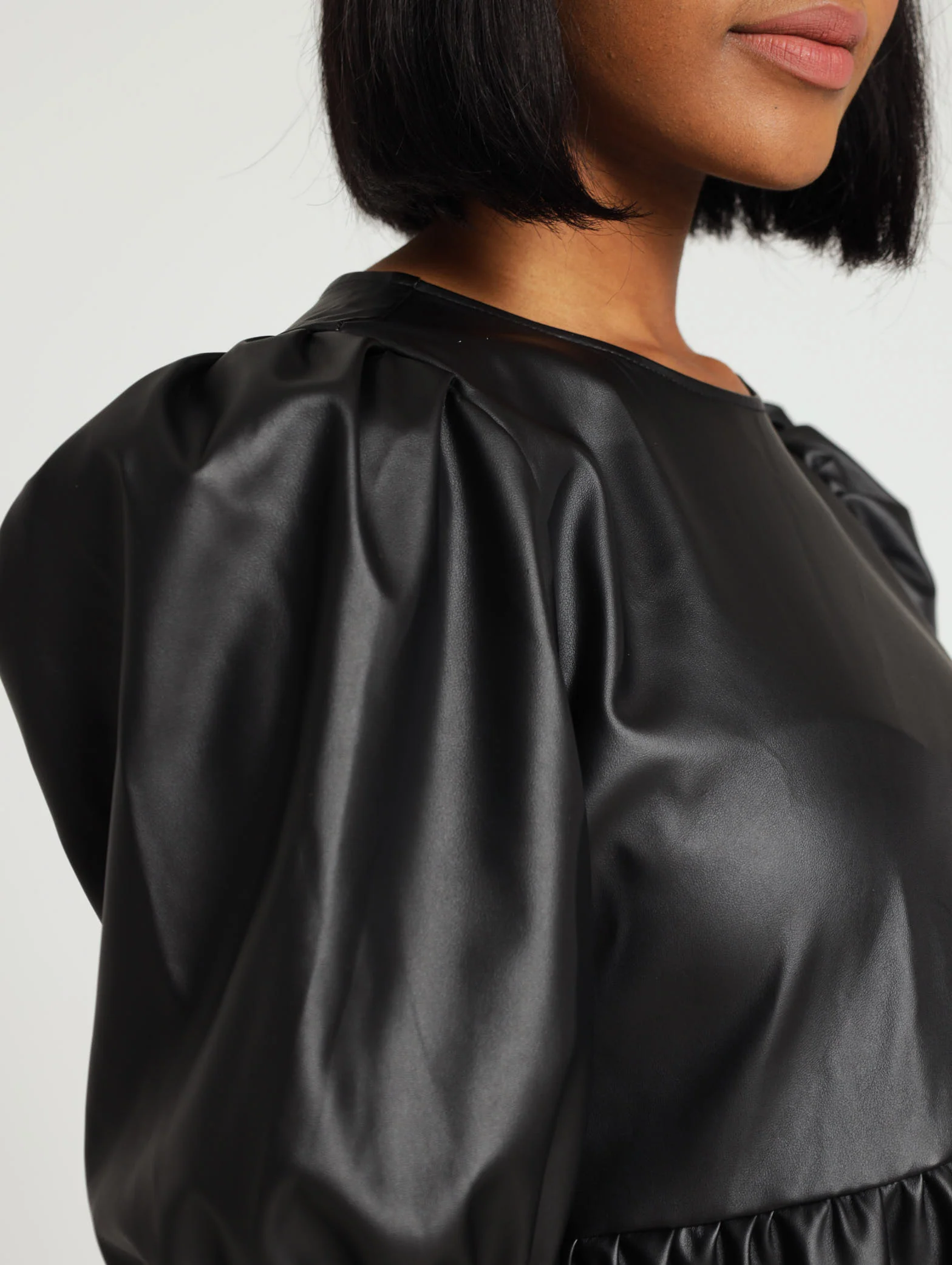 Puff Sleeve Pu Tiered Mini Dress - Image 5