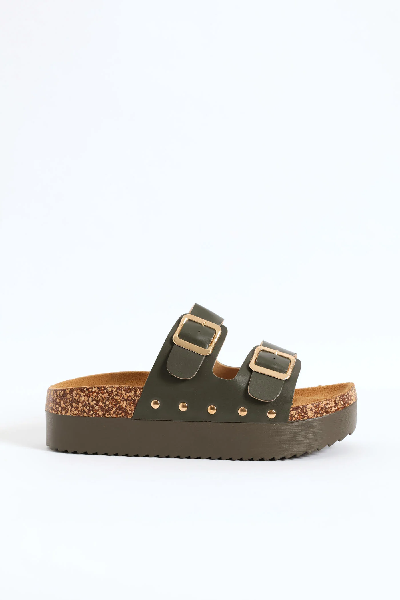 Push In Double Strap Buckle Flatform Cork Mule Sandal - Fatigue