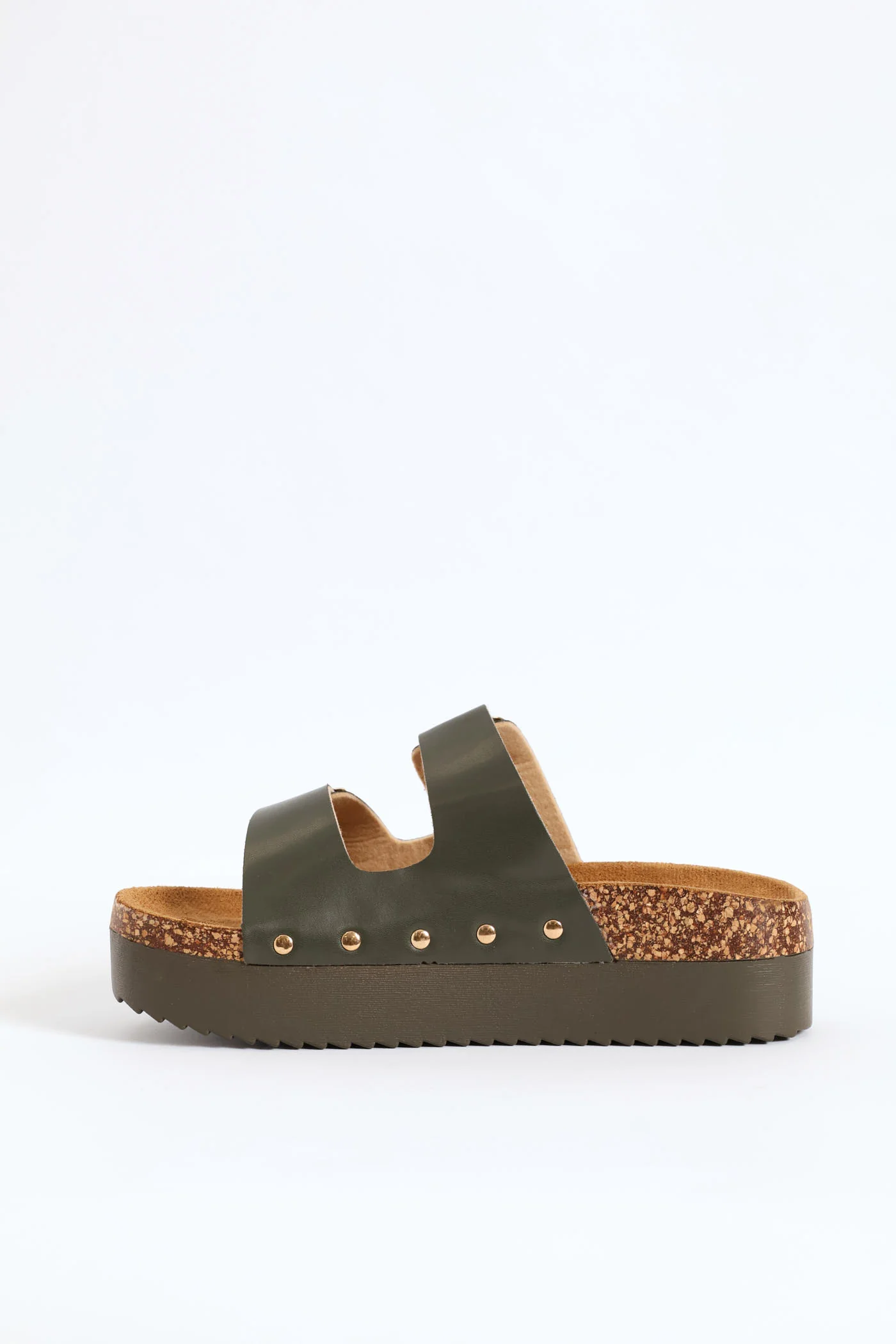Push In Double Strap Buckle Flatform Cork Mule Sandal - Fatigue - Image 4