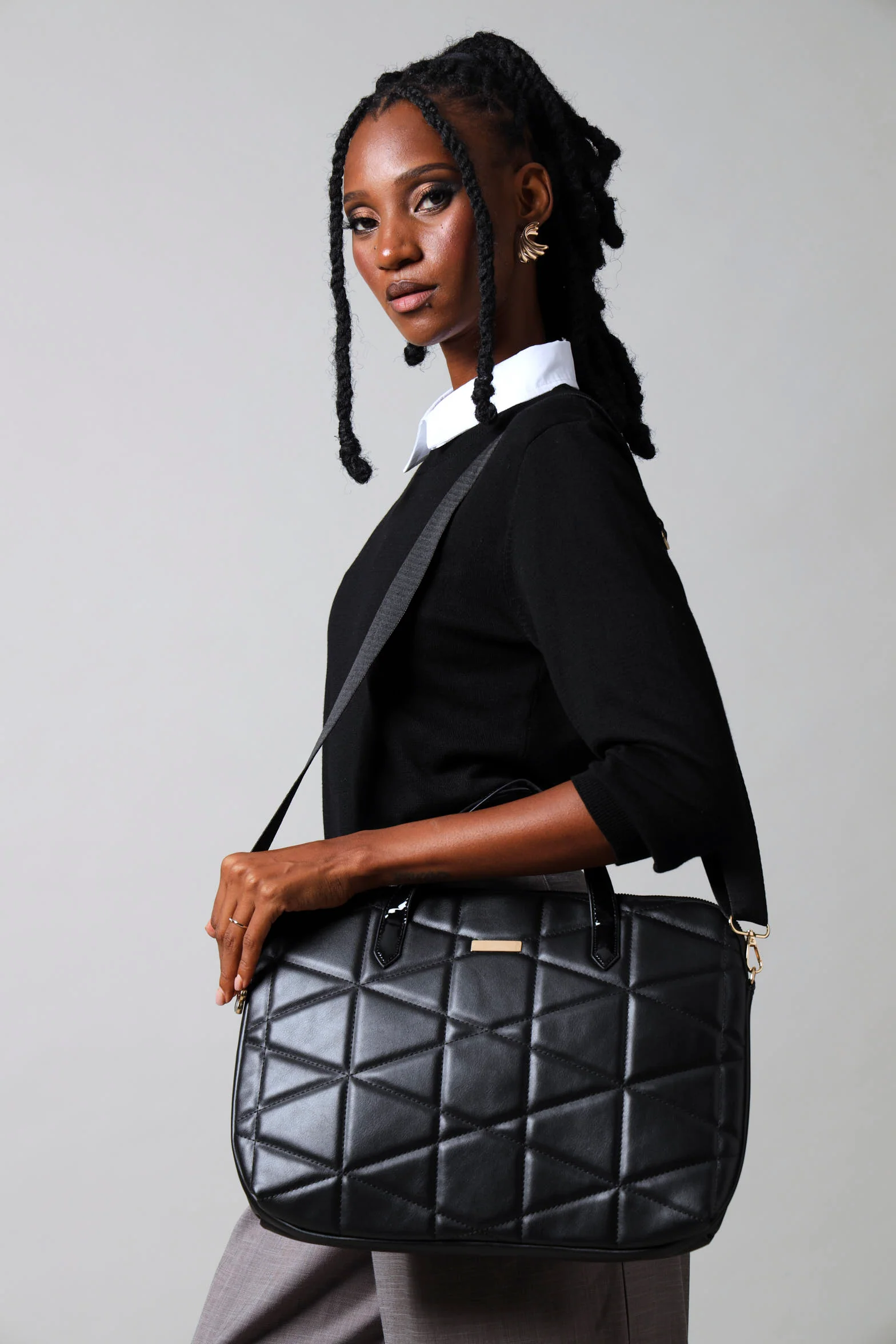 Quilted Canvas Strap Laptop Bag - Black - Image 2