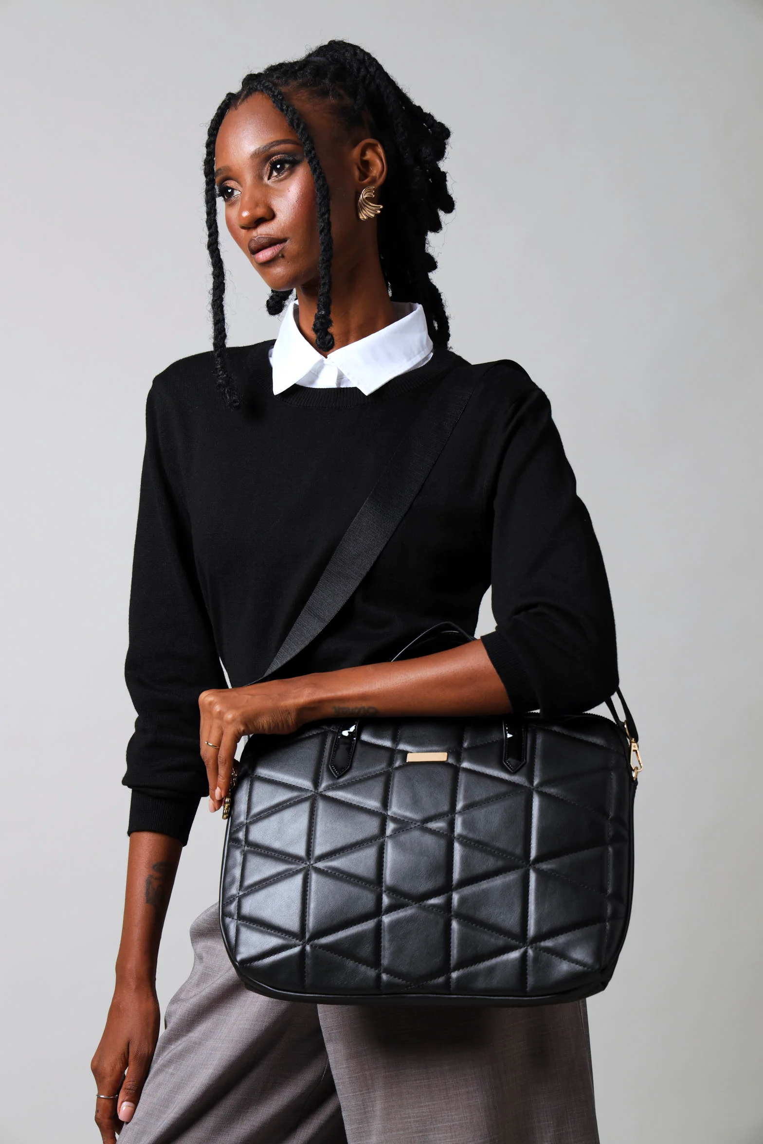 Quilted Canvas Strap Laptop Bag - Black - Image 5