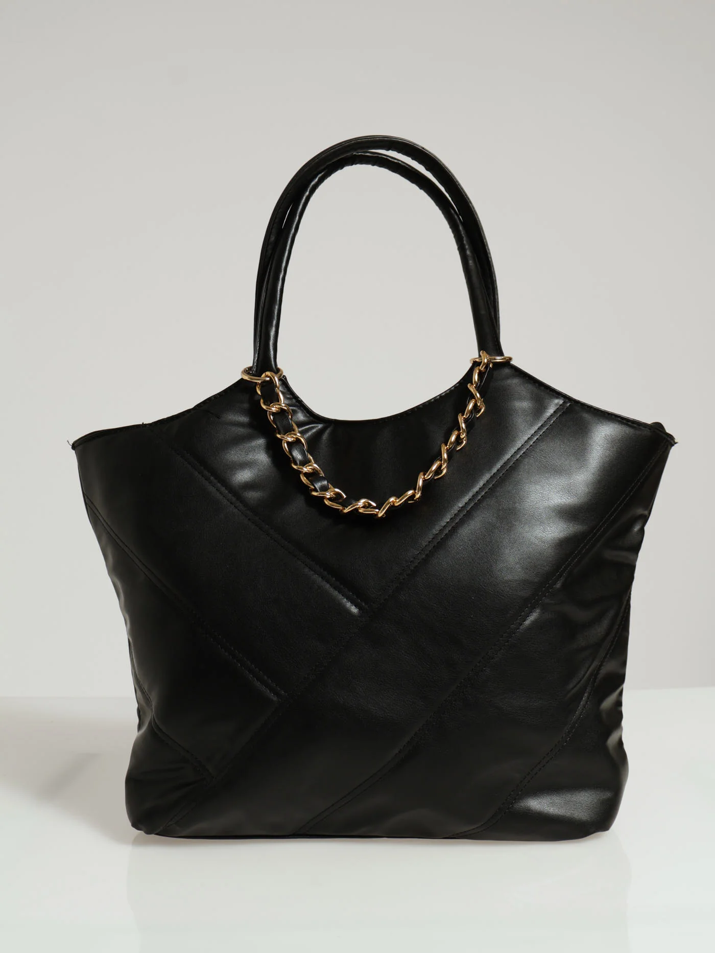 Quilted & Chain Detail Shopper Bag - Black