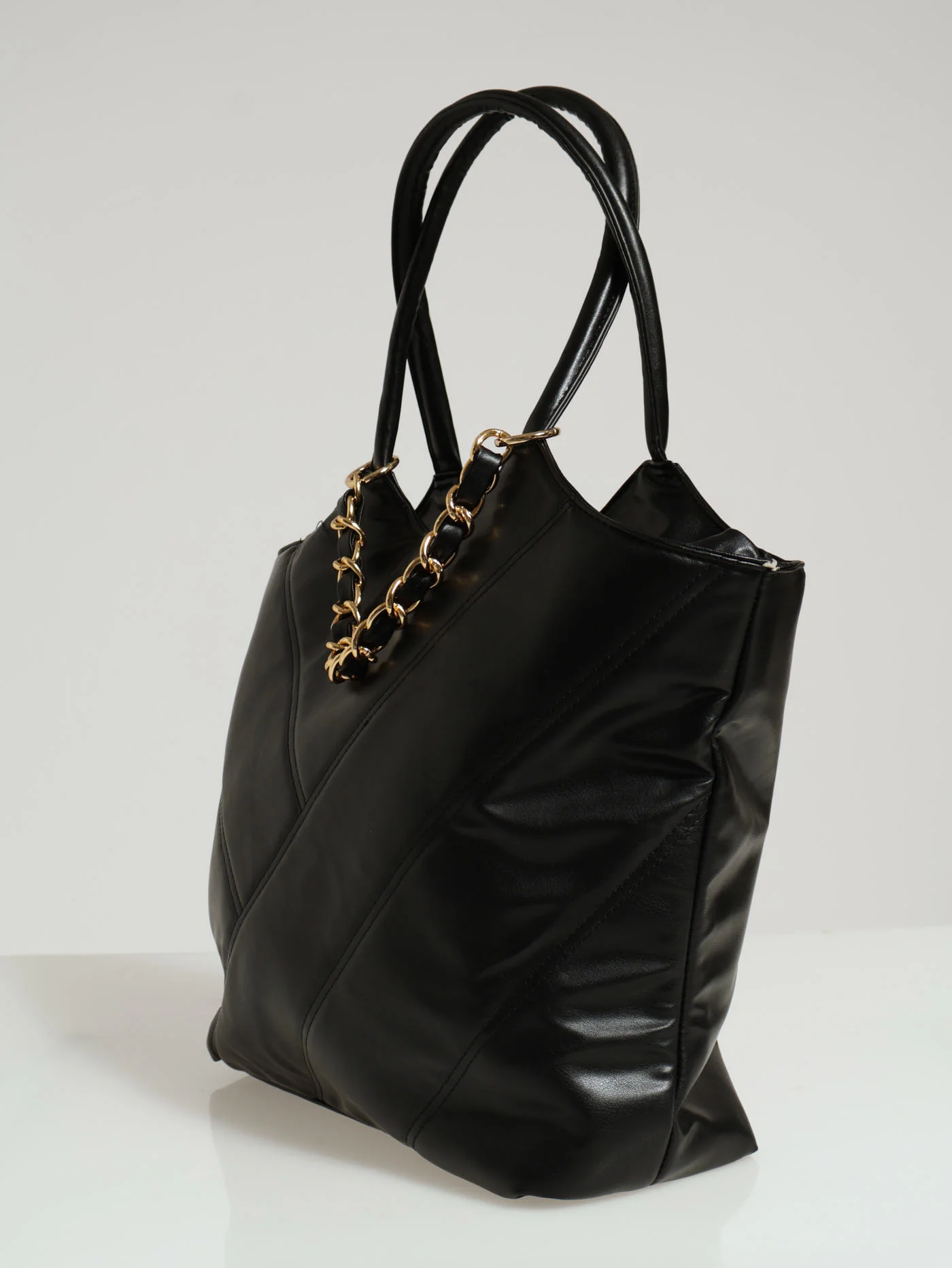 Quilted & Chain Detail Shopper Bag - Black - Image 2