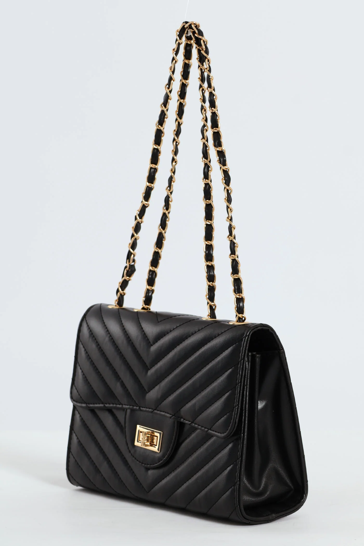 Quilted Clasp Satchel Bag - Black - Image 3