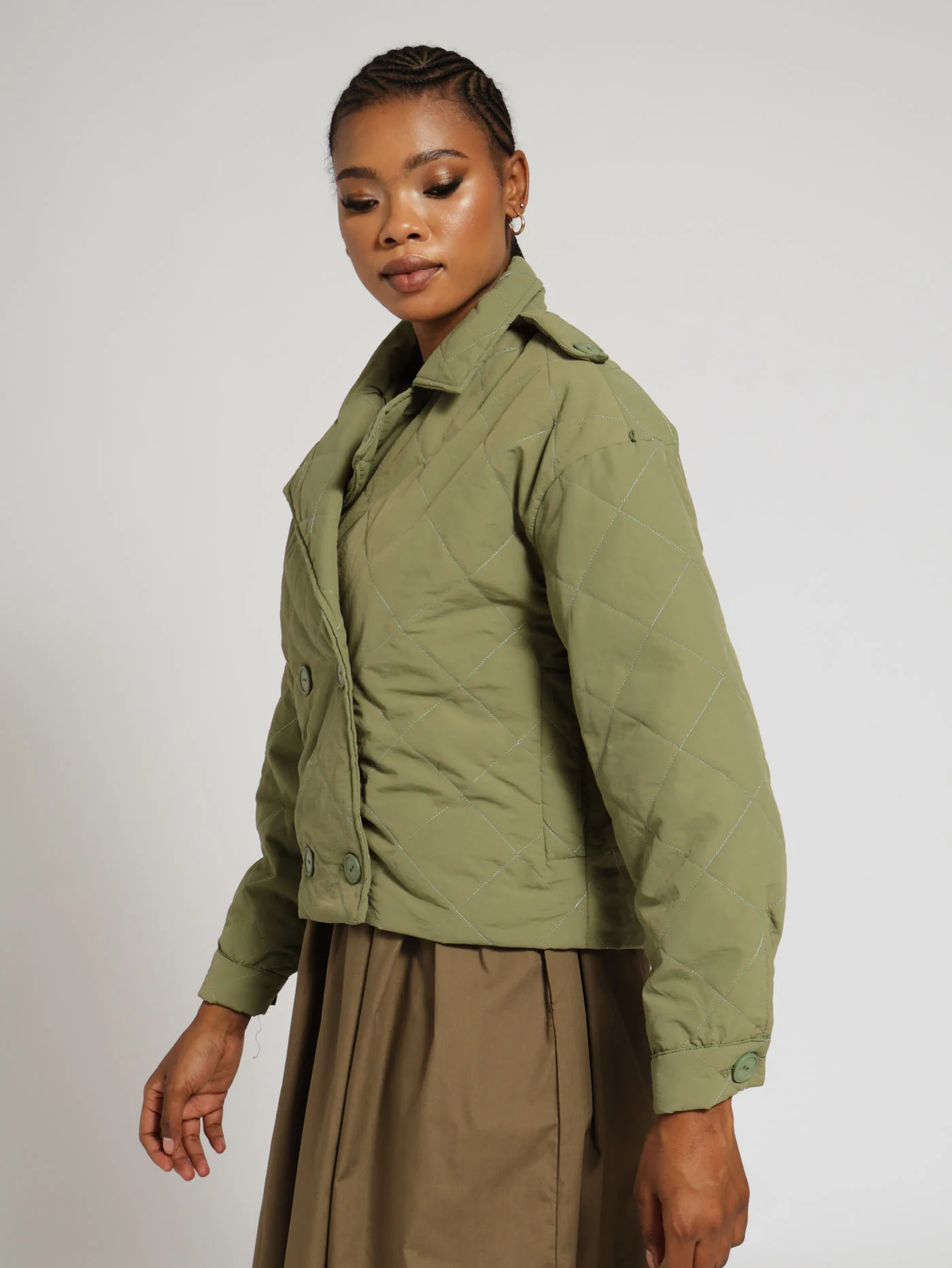 Quilted Double Breasted Bomber Jacket - Khaki - Image 2