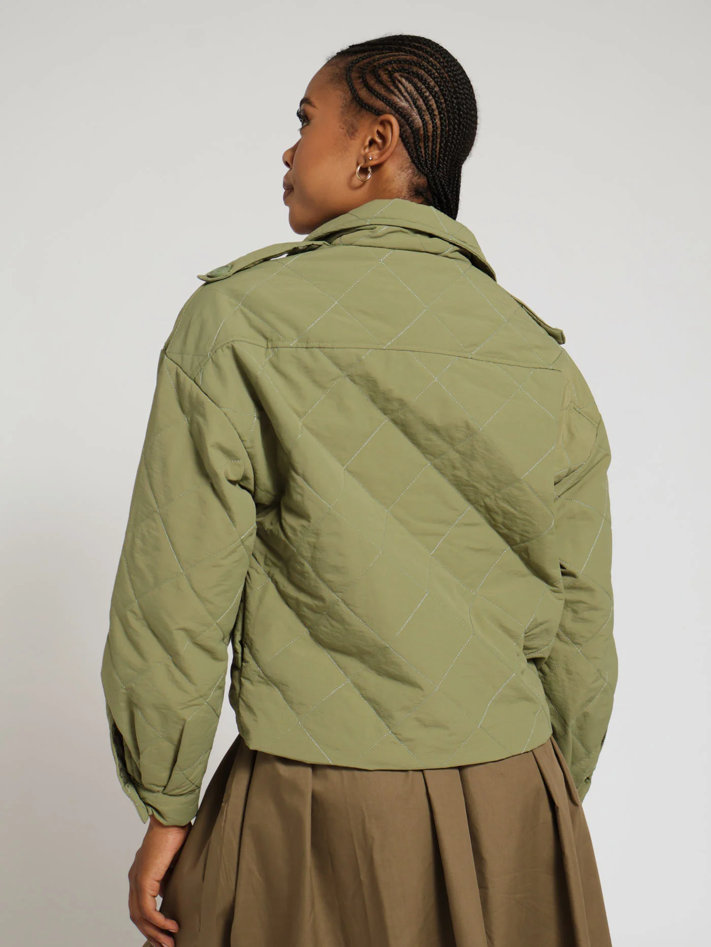 Quilted Double Breasted Bomber Jacket - Khaki - Image 3