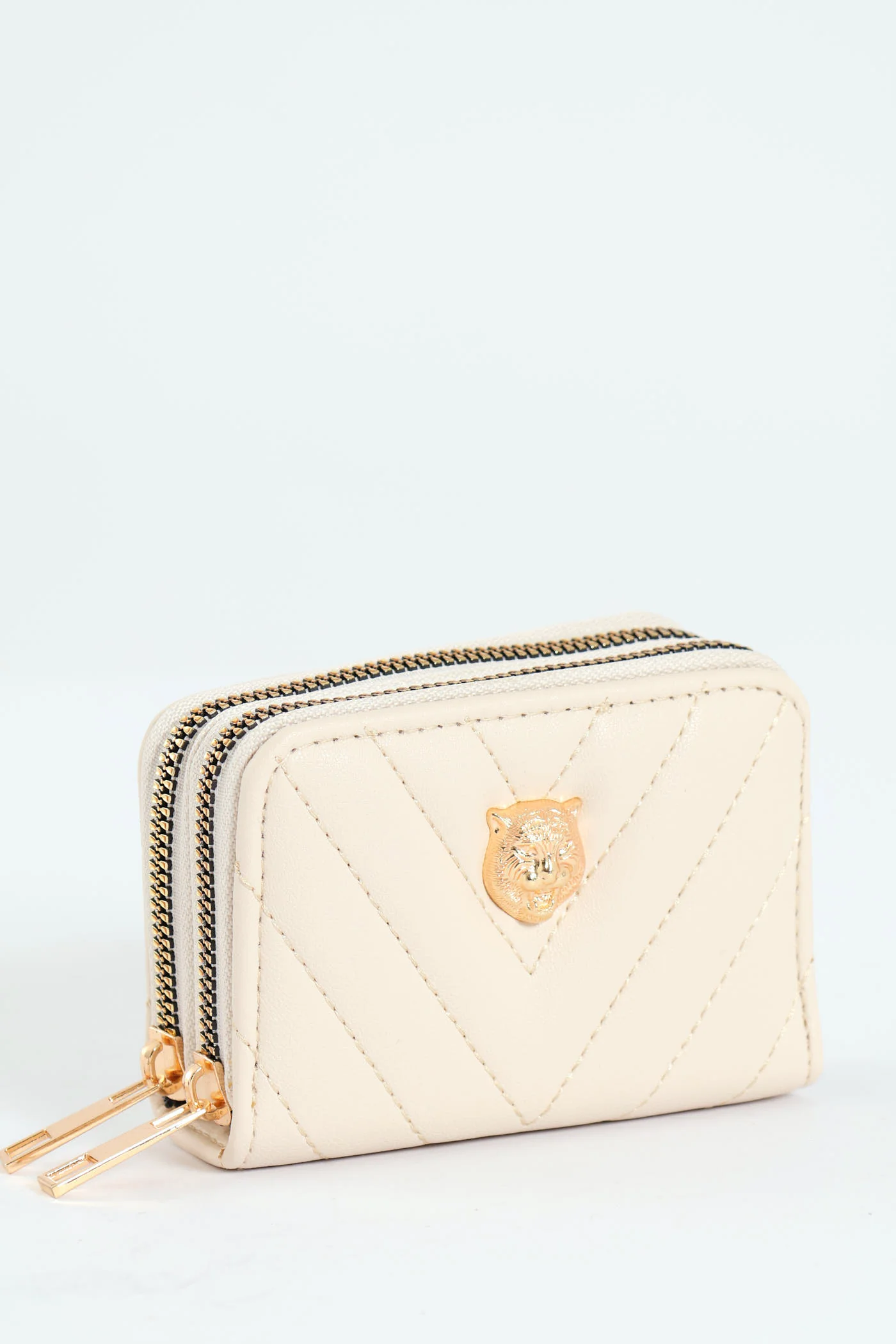 Quilted Lion Pendant Double Zip Wallet - Cream