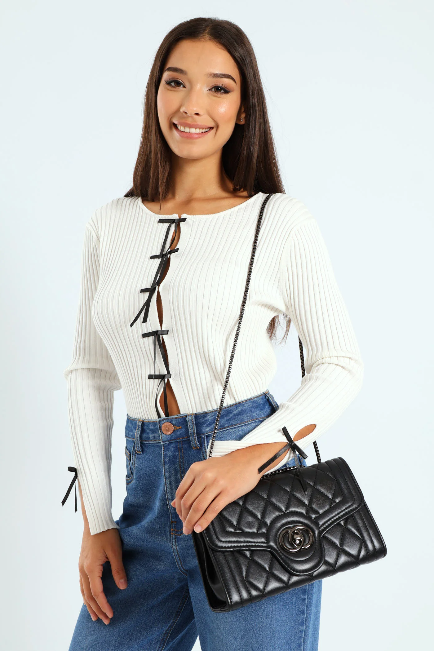 Quilted Metal Logo Satchel Bag - Black - Image 2