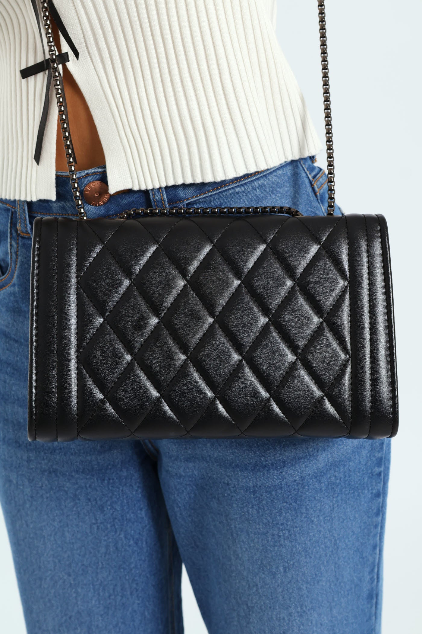 Quilted Metal Logo Satchel Bag - Black - Image 5