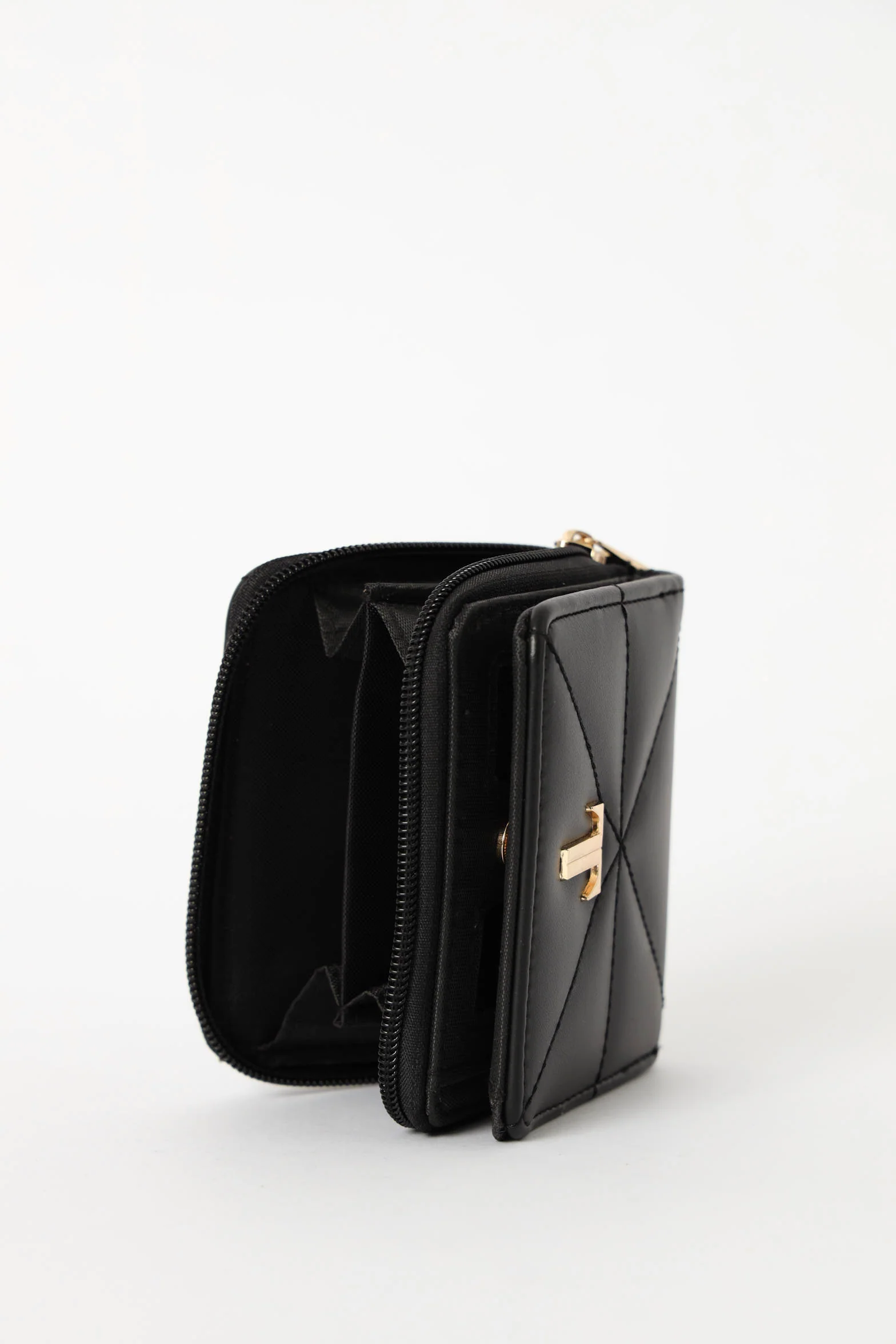 Quilted Metal Trim Compartment Wallet - Black - Image 4