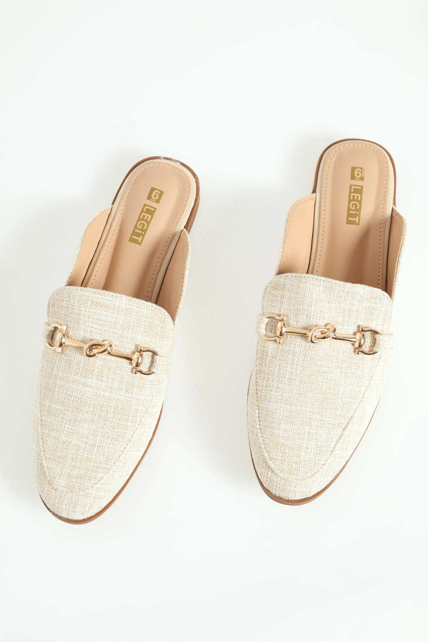 Raffia Push In Loafer With Gold Bar Trim - Beige