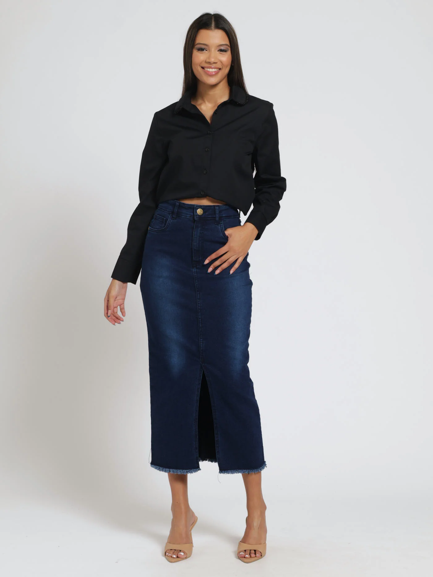 Raw Edge Denim Midi Skirt - Ink - Image 2
