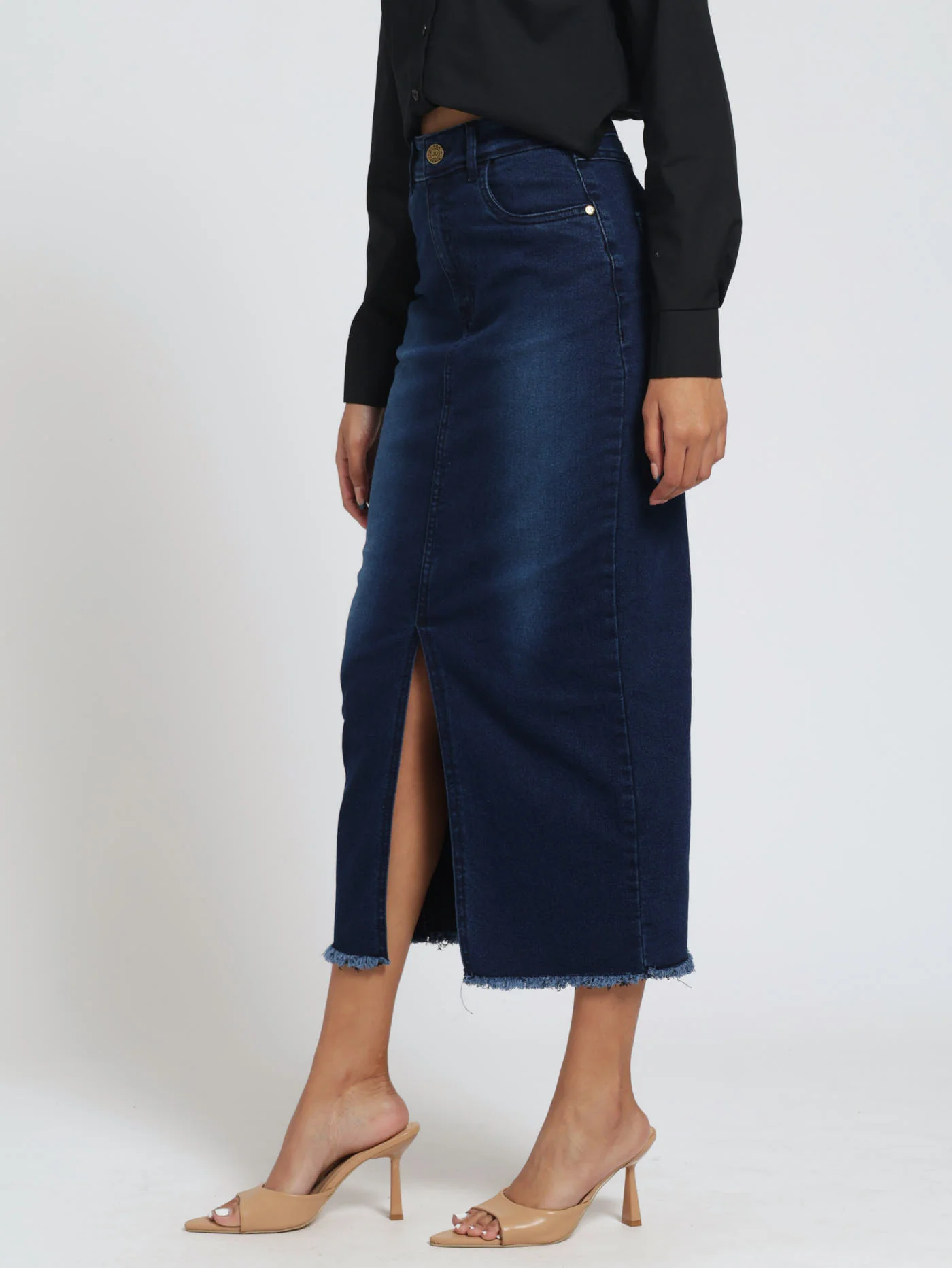 Raw Edge Denim Midi Skirt - Ink - Image 3