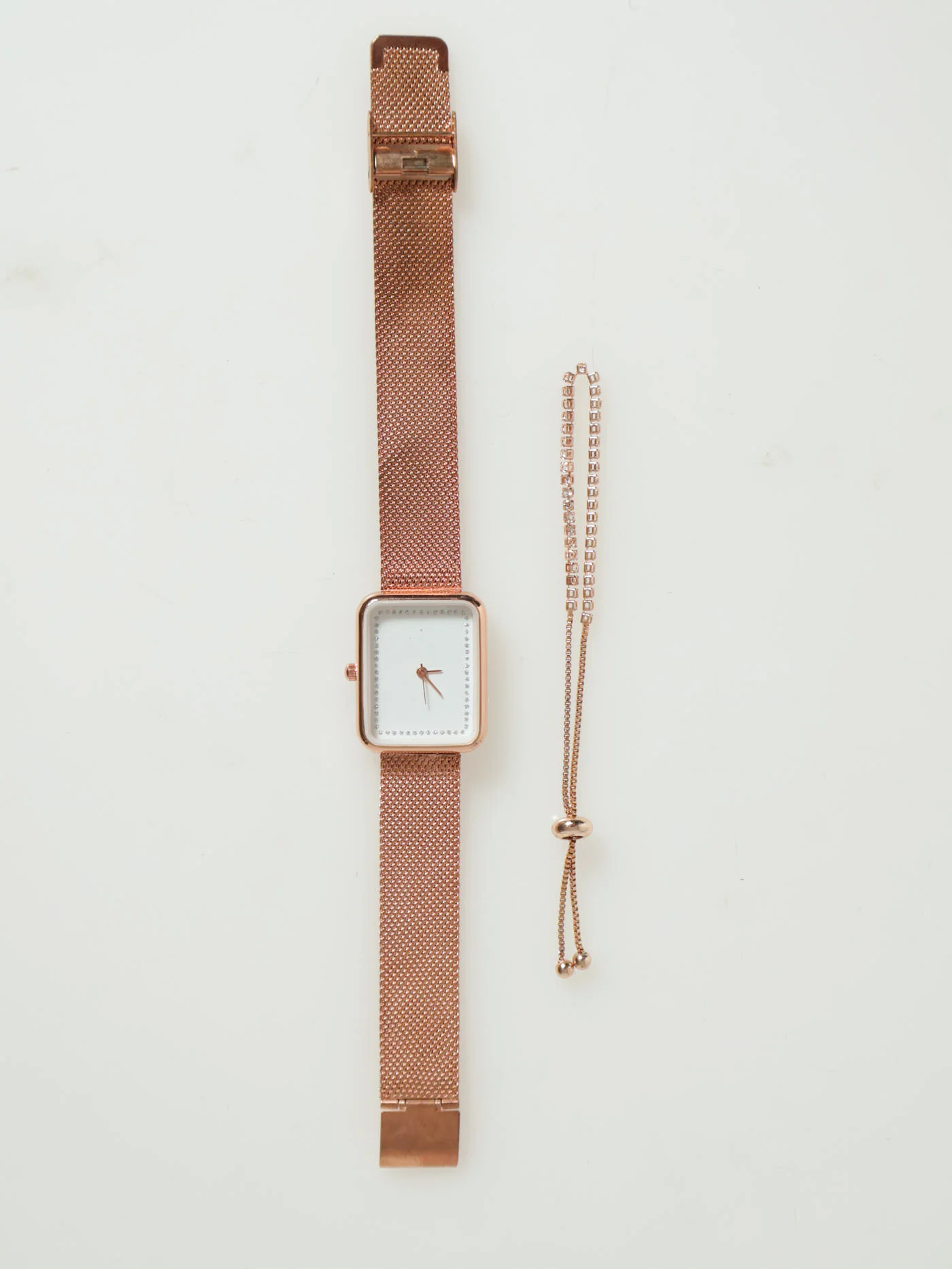 Rectangular Mesh Strap Watch With Bracelet - Rose Gold