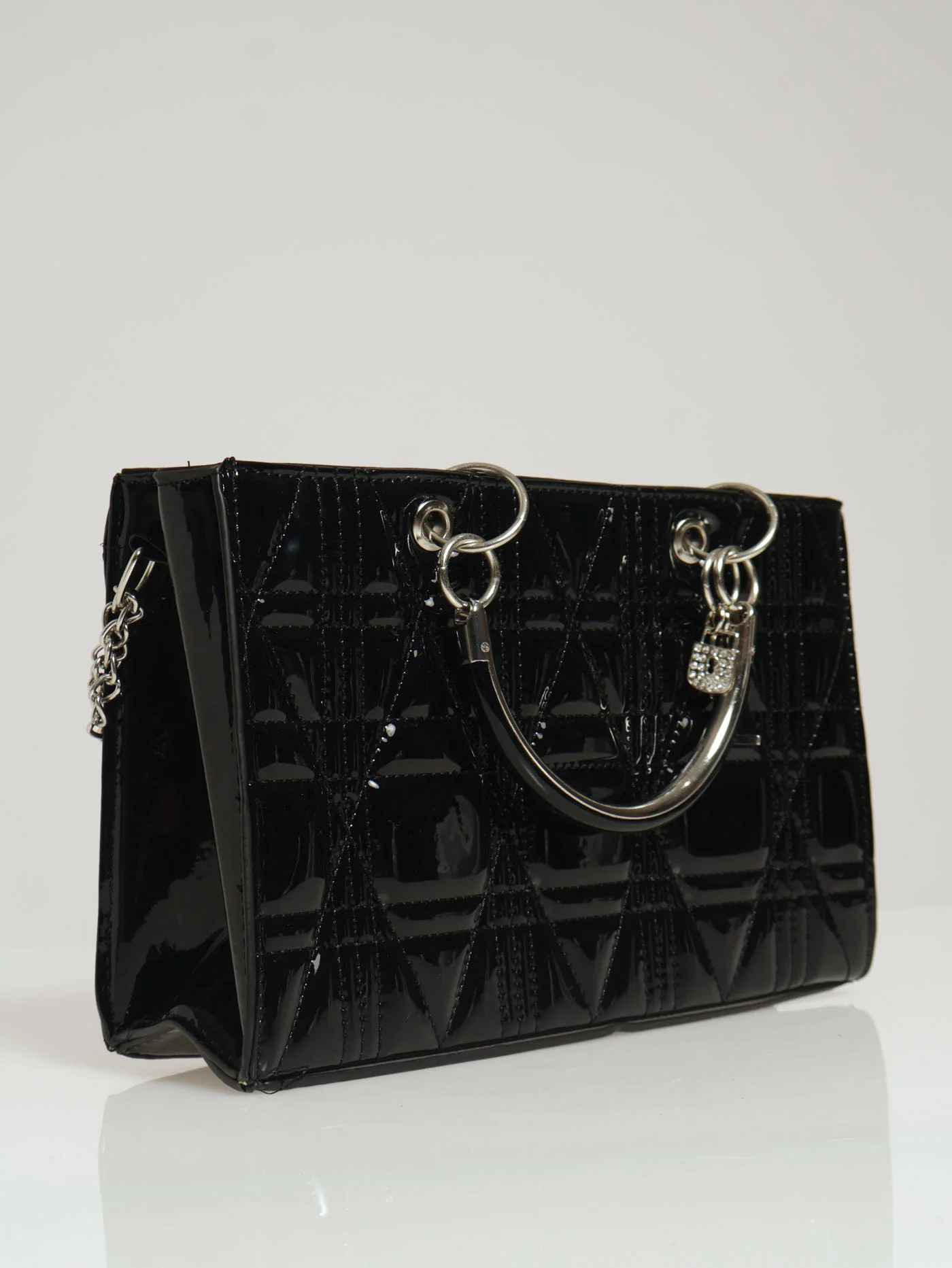 Rectangular Patent Quilted Charm Tote Bag - Black - Image 2