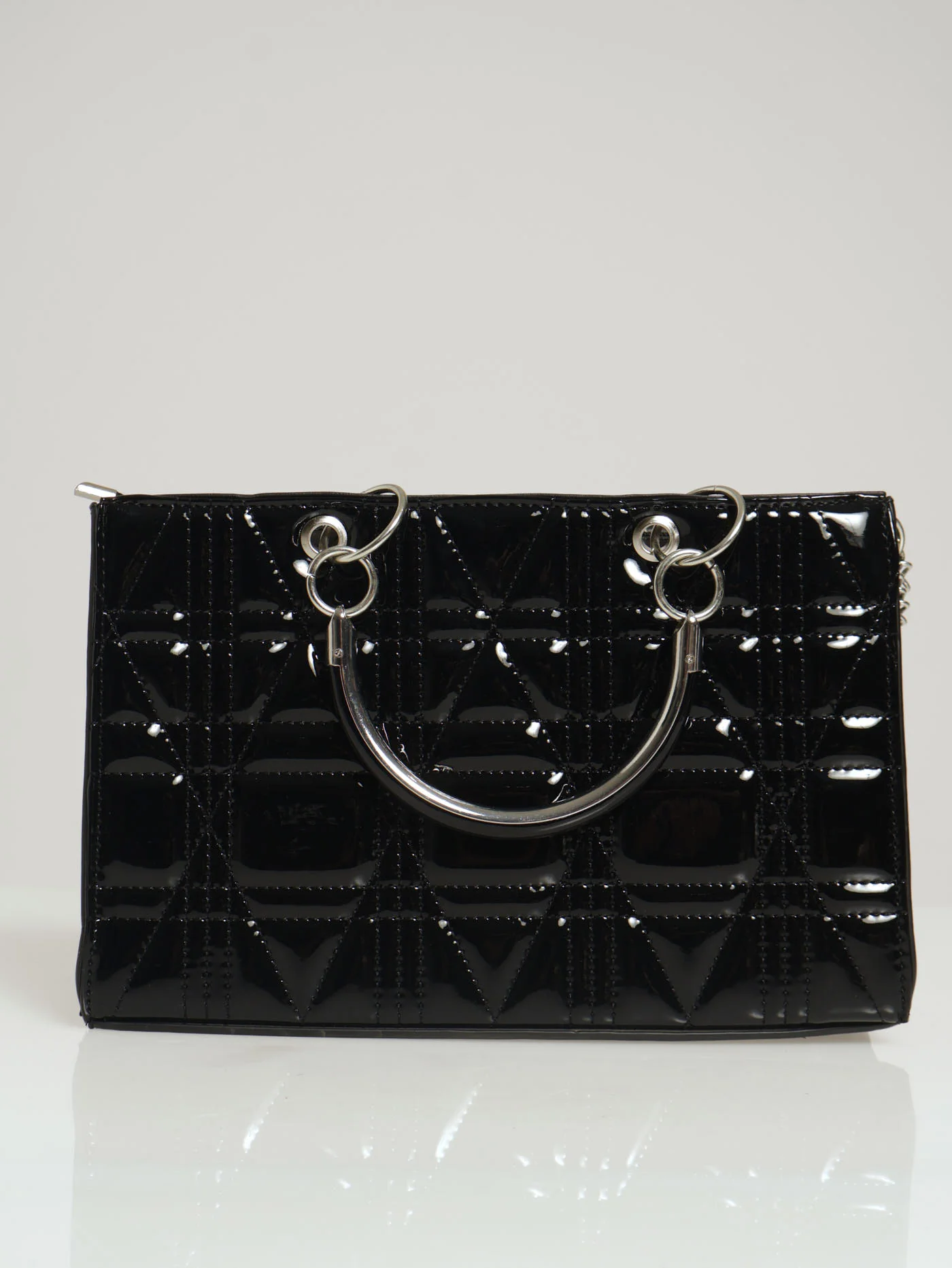 Rectangular Patent Quilted Charm Tote Bag - Black - Image 3