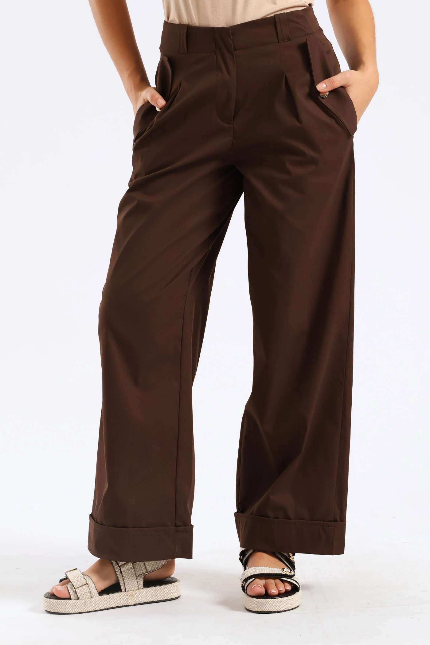 Relaxed Twill Turn Up Pants - Chocolate