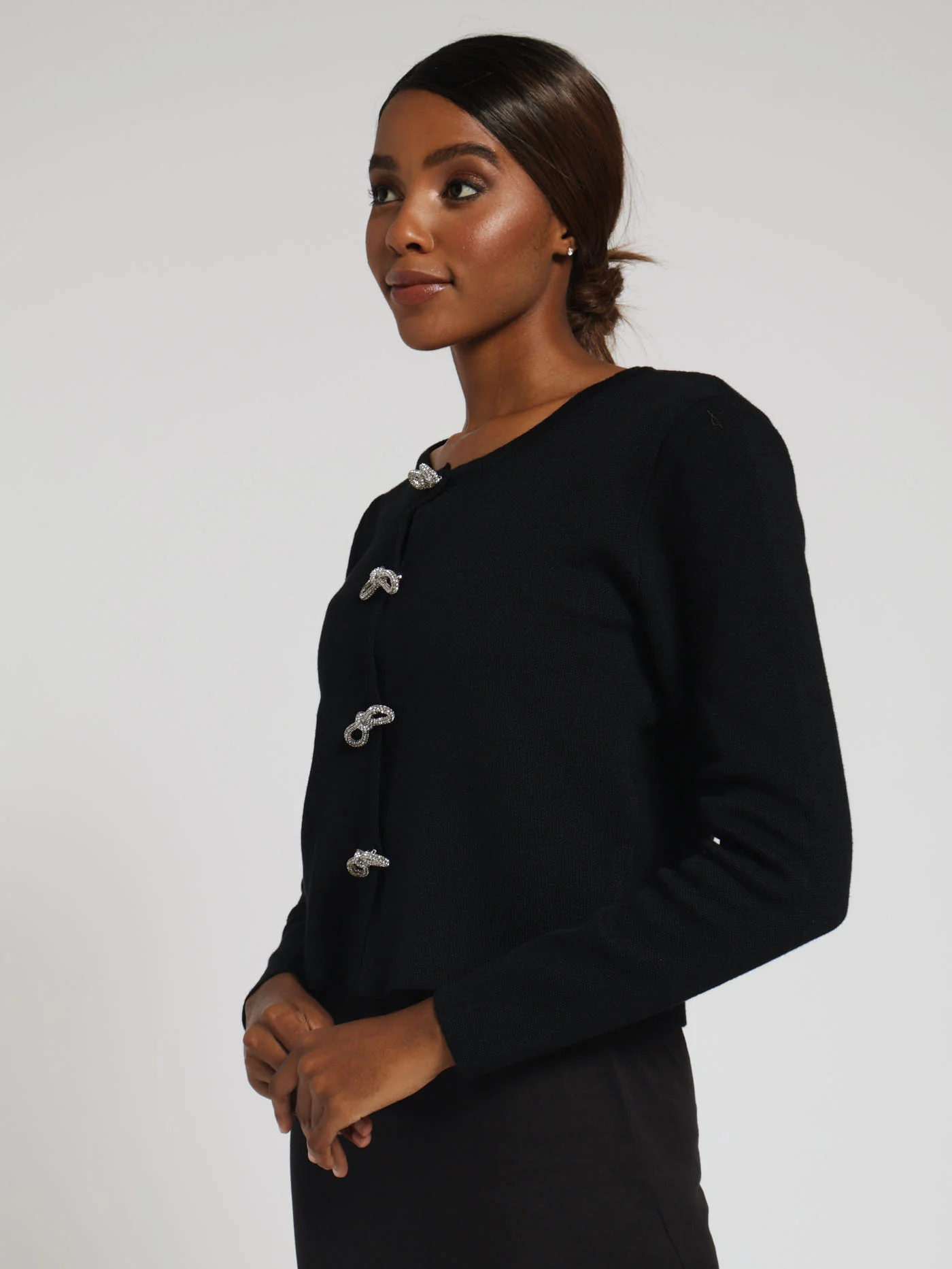Rhinestone Bow Detail Cardigan - Black - Image 2